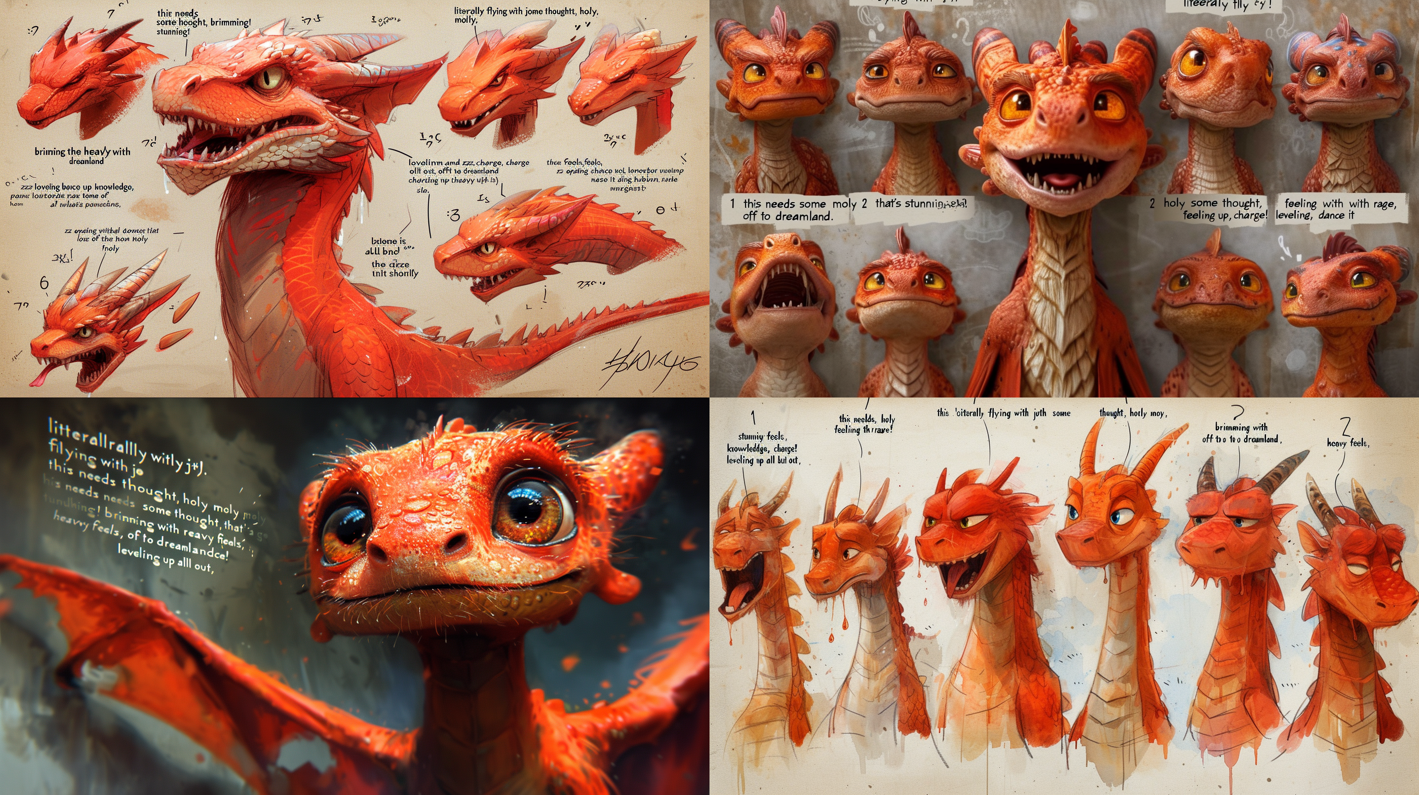a red dragon, with a human-like demeanor, unfurls expressions and motions laden with contemporary internet slang across 9 dynamic scenes. 1. beatific: "literally flying with joy😆," open-mouthed glee, eyes in glee; 2. contemplative: "this needs some thought," chin thoughtfully stroked; 3. shock: "holy moly, that's stunning!" eyes enormously wide; 4. fuming: "brimming with rage," flames from the eyes, tail aggressive; 5. downcast: "feeling the heavy feels," teary-eyed, tail low; 6. restful: "off to dreamland zzz," eyes shut in slumber, nestled cozy; 7. springing: "charge!" wings aloft, tail buoying up; 8. scholarly: "leveling up knowledge," absorbed in a book, spectacles on; 9. grooving: "dance it all out," gracefully gesturing paws, tail in rhythm. a series replete with humor and energy, rendered in a cartoon style, leveraging vivid colors for maximum impact, high definition,