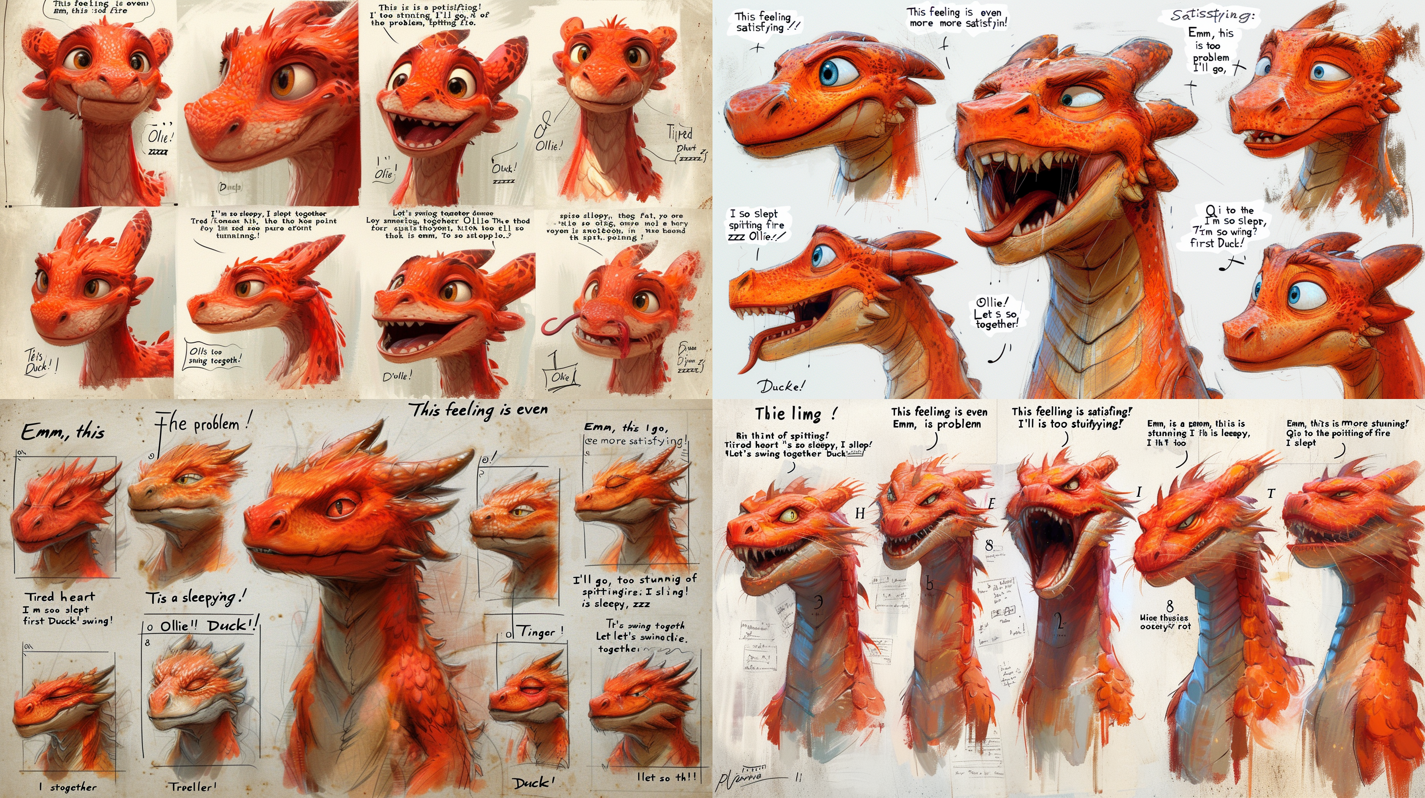 a red anthropomorphic dragon showcases a variety of expressions and actions coupled with popular internet phrases and words across 9 different scenarios. 1. joy: "就这个feel倍儿爽！", mouth wide-open, eyes curved into crescents; 2. thoughtful: "emm，这是个问题", claw touching the chin, brows furrowed; 3. surprised: "我去，这也太惊艳了吧！", eyes wide open, mouth slightly ajar; 4. angry: "气到吐火", eyes emitting flames, tail lashing; 5. sad: "心好累", tears welling up, tail drooping; 6. sleeping: "好困，先睡了zzz", eyes closed, softly snoring, coiled up; 7. jumping: "冲鸭!", wings spread, tail propelling forward; 8. reading: "奥利给！" ,focused, wearing glasses, intently reading; 9. dancing: "让我们一起摇摆", paws waving lightly, tail swinging to the beat. a series bursting with wit and vitality, cartoon style, bright and vibrant colors, high definition,