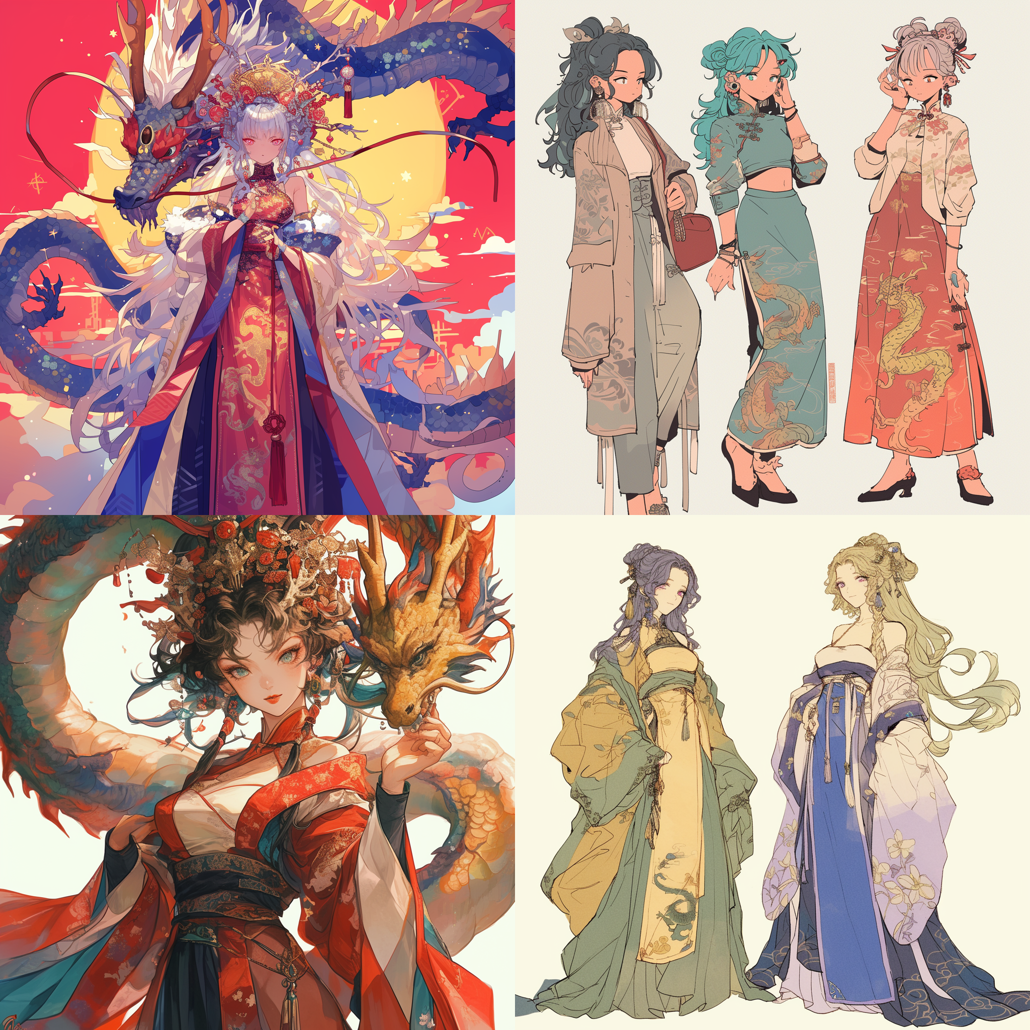 穿着古代礼服的酷女孩和中国龙