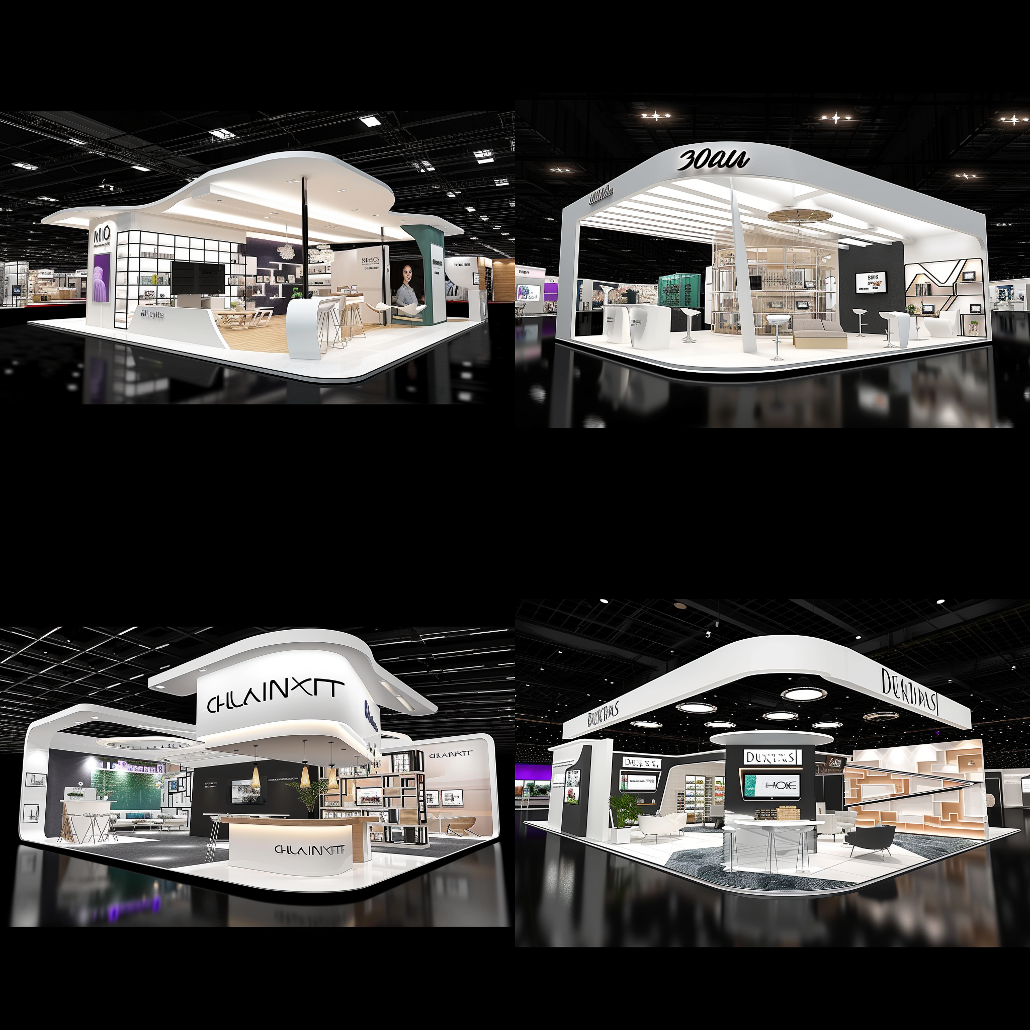 展台3d室内设计展览，异形结构，现代风格，明亮的灯光，镜面反射，鲜艳的色彩，宽广的空间感，摄影师俯拍角度，长焦镜头，人群穿梭，设计模型，创意灵感，充满活力。