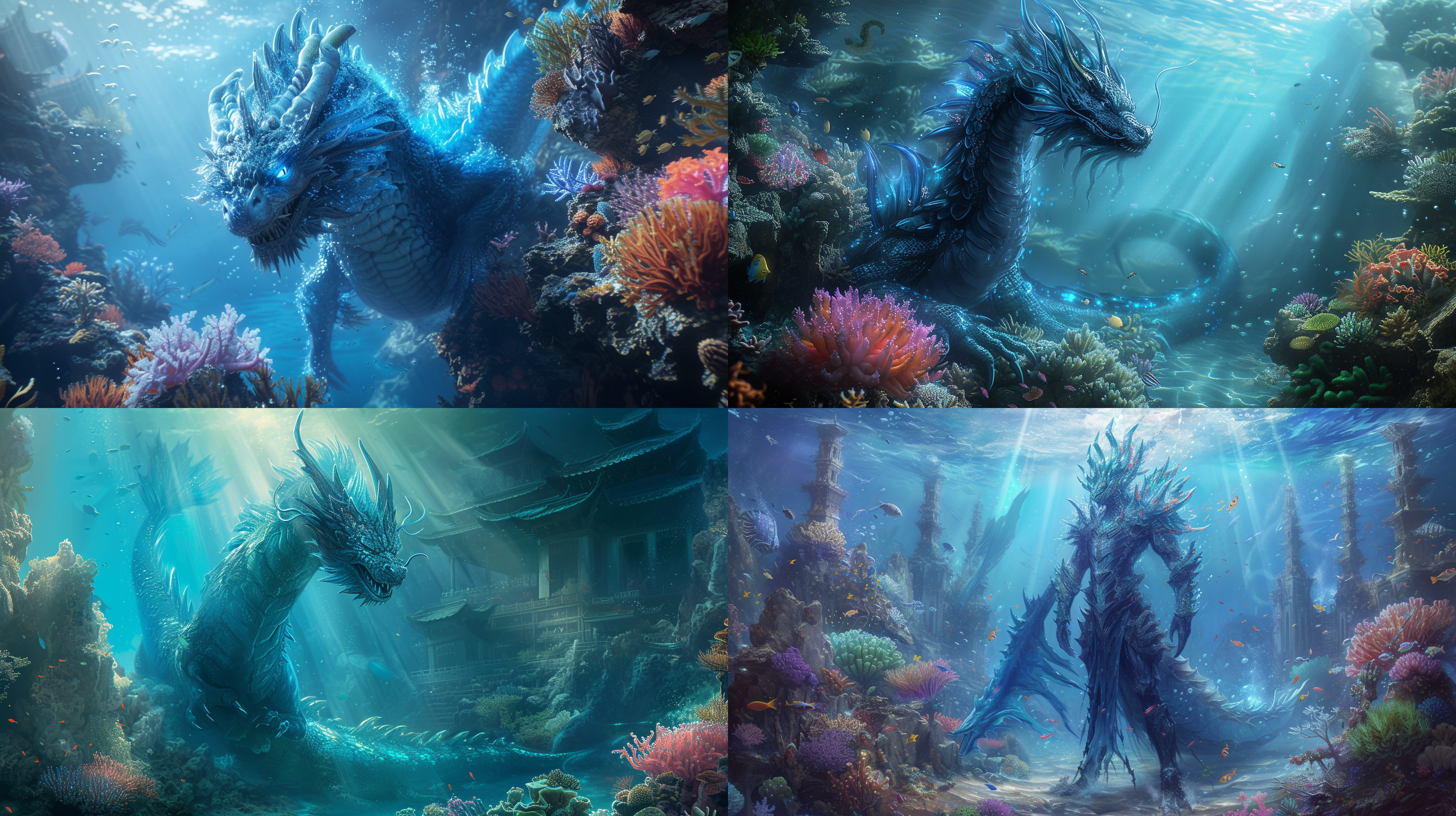 东海龙王，巍峨屹立于海底宫殿之中。龙王身姿挺拔，鳞甲闪烁着蓝色光芒。宫殿四周是绚丽多彩的珊瑚礁和海洋生物。阳光透过水面照射下来，照亮整个场景。龙王目光坚定，展示着力量和威严。龙王的身后是一片宽广的海洋，无边无际。龙王，宫殿，珊瑚礁，海洋生物，阳光，水面，力量，威严，海洋。