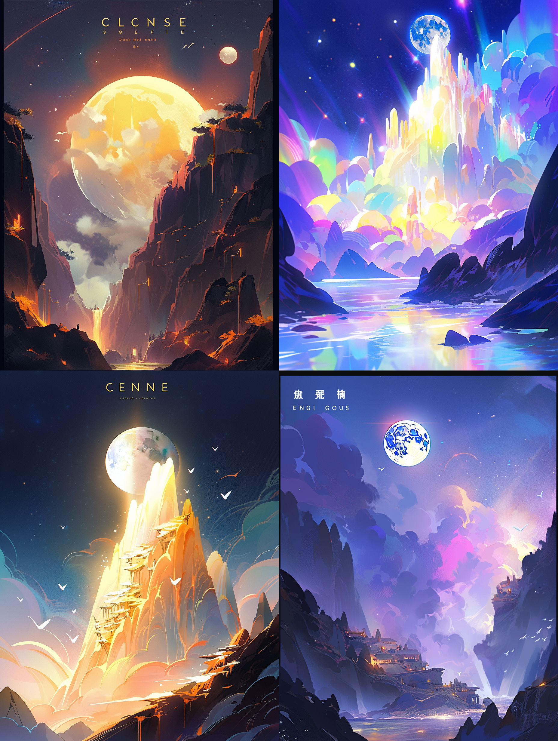 一幅悬崖峭壁有关的插画，背景一个巨大的金色月亮，封面为yuumei风格的星星艺术集团（星星）的ep，深邃的夜空，荧光，全局照明，发光的效果，光线的现实主义描绘，精致的幻想世界，agnes劳伦斯佩尔顿，数字绘画，温馨配色，明亮的配色，马卡龙色，互补色配色，闪耀的星空，夜景，夜芯，洒金效果，仙光，超广角 非常详细的cg 超级高分辨率 大文件 风景