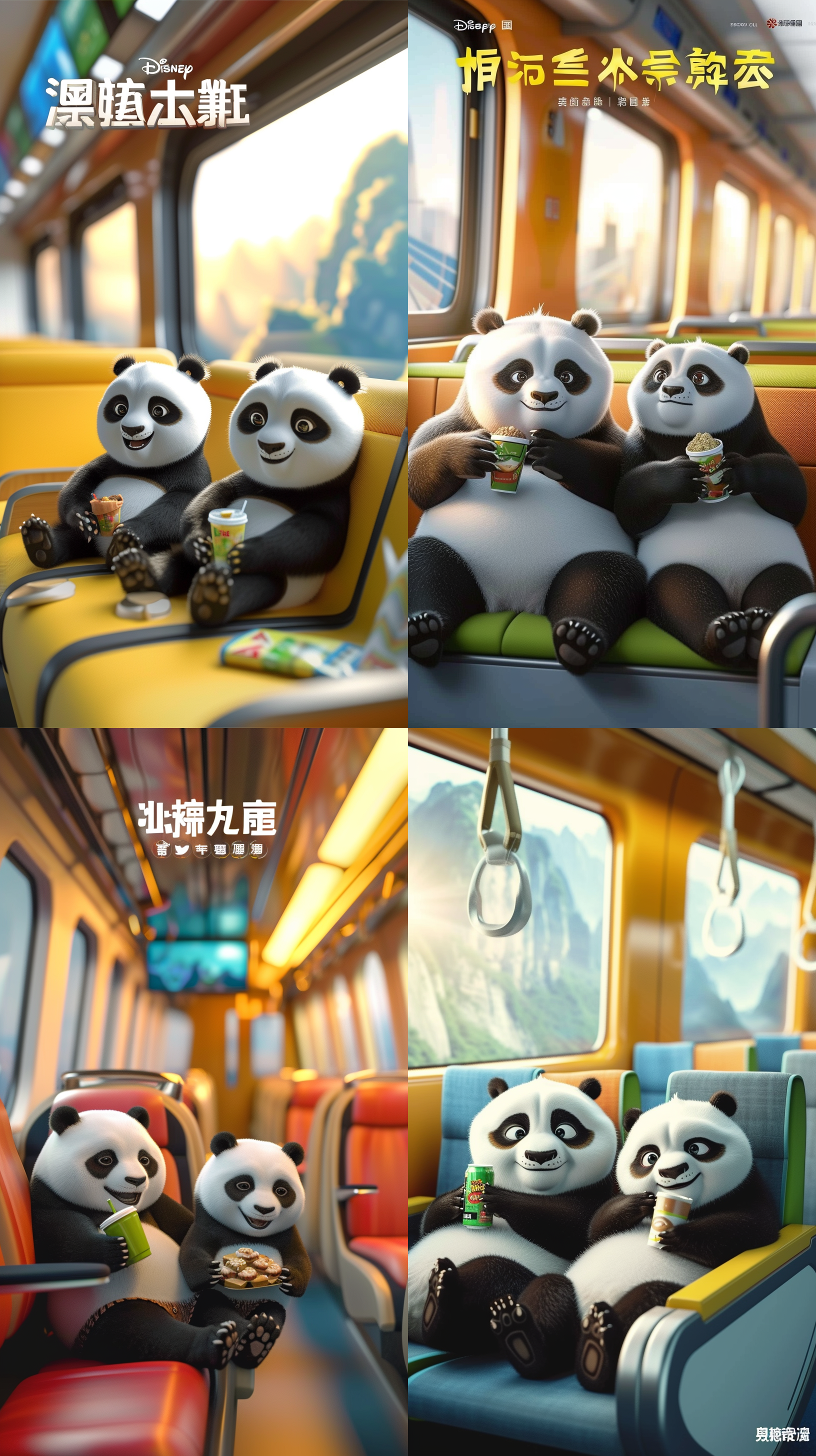 两只可爱的小熊猫坐在现代化的列车上，看着电视。开心愉快，熊猫手里拿着零食或饮料，迪士尼风格，皮克斯风格，高清画质，8k分辨率，电影级特效，c4d渲染器，对角线构图，明亮环境，丰富色彩，表达欢乐和放松情感。