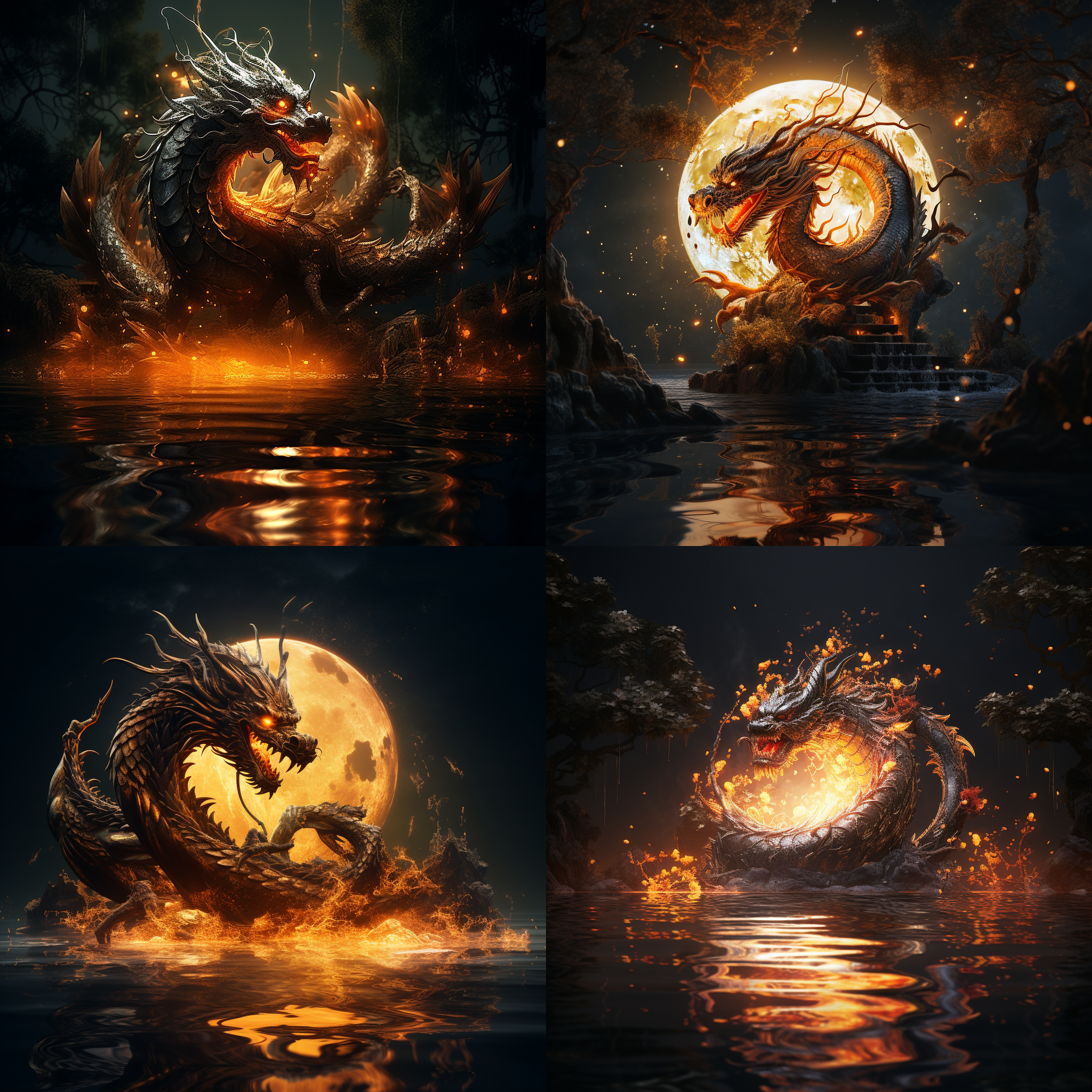 喷火的龙掉到了水里，中国龙在池塘中，夜晚月亮照射在龙的翅膀上。构图对称，暗色调，广角镜头，水面倒影，橙色火焰，神秘气氛，动作停顿，深邃眼神，壮丽景象。