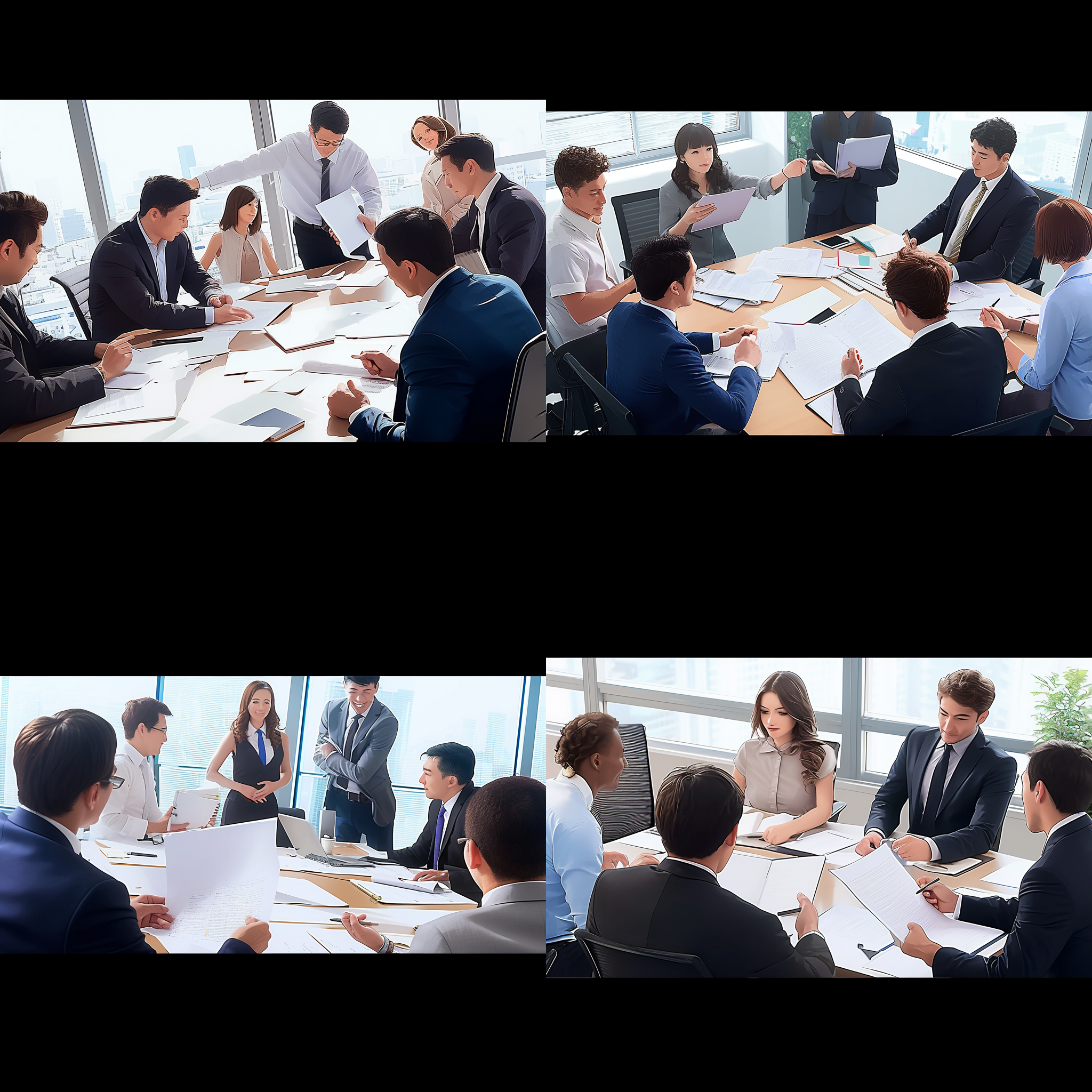 动漫人物，办公室，开会，讨论。办公室里，角色们围坐在会议桌旁，表情专注且充满活力。绘画风格生动，颜色明亮，背景细节丰富。人物着装正式，配合办公室环境。广角镜头捕捉到整个场景，突出角色间的互动和合作氛围。 prompt. 动漫人物，办公室，开会，讨论，生动，明亮，细节丰富，正式，合作氛围，广角镜头，活力，专注。