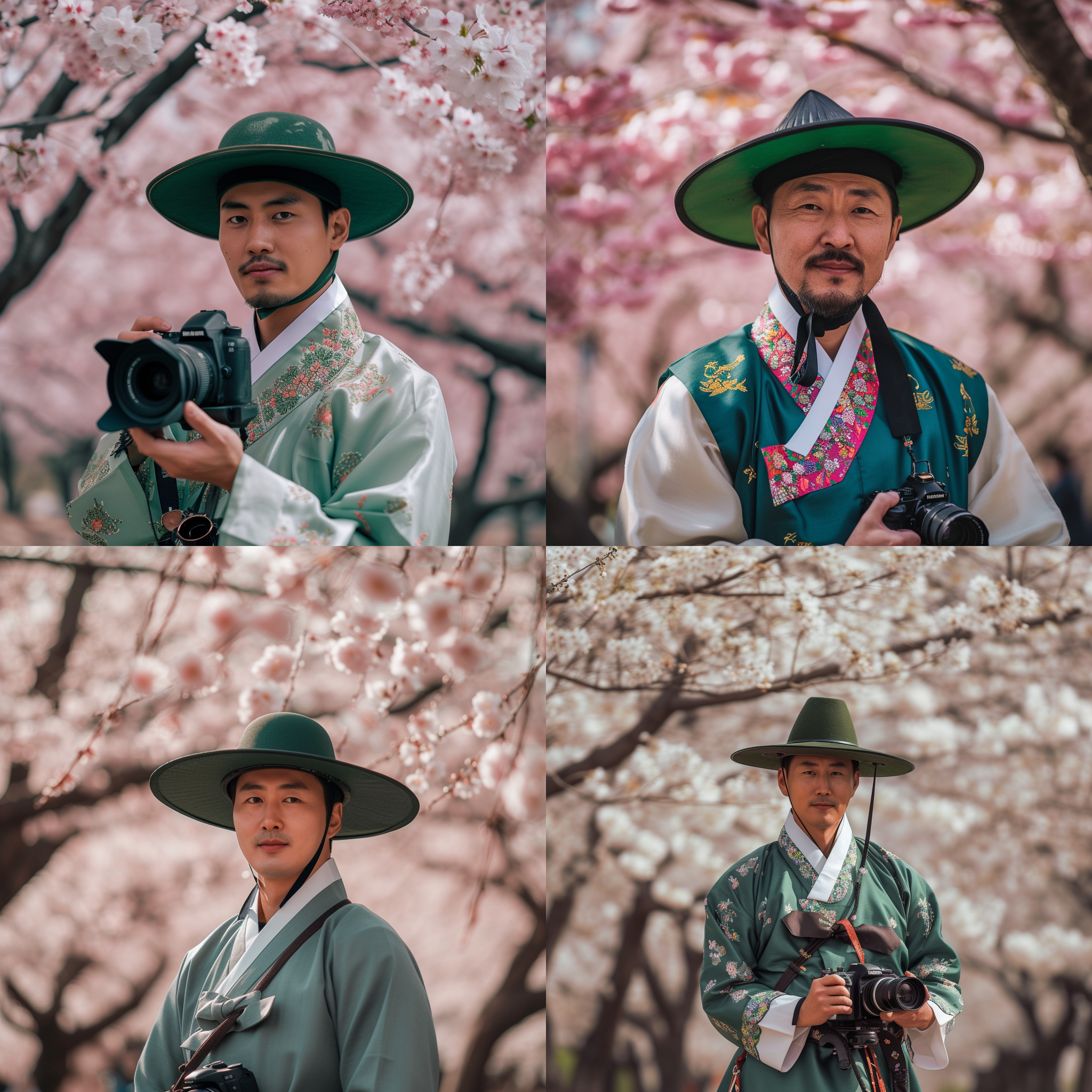 戴绿色帽子的韩国男人，正颜。背景是一片开满樱花的公园，男人身着传统韩服，手执相机准备拍摄。镜头使用长焦距，突出男人的面部表情和细节。光线柔和，呈现温暖色调。构图以男人为主体，将樱花树林作为背景，营造出宁静和平和的氛围。 韩国男人，绿帽子，韩服，相机，樱花，公园，长焦距，面部表情，细节，柔和光线，温暖色调，主体，背景，宁静，平和。