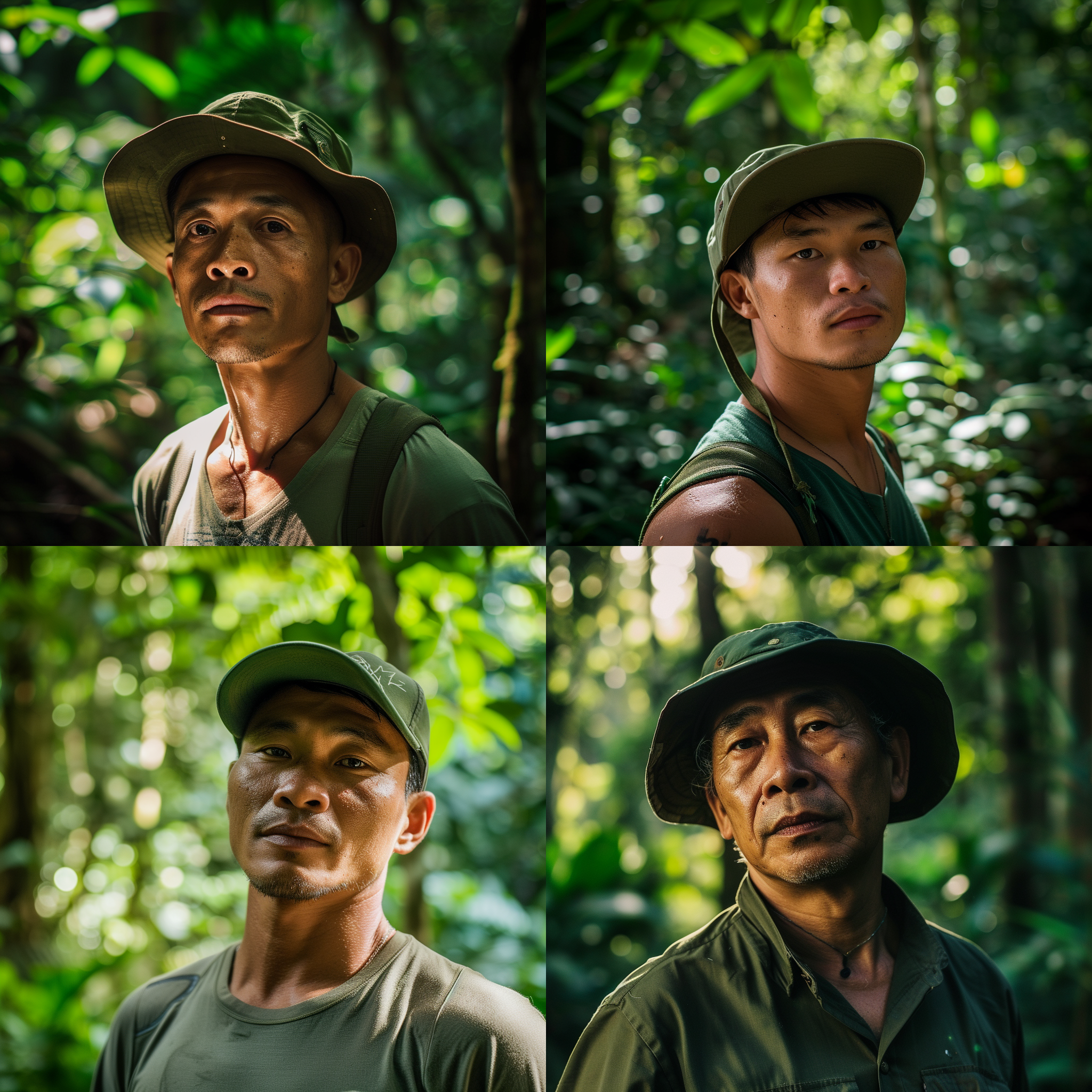 菲律宾男人，戴绿色帽子，正颜，背景是热带雨林，绿树成荫，阳光透过树叶洒在他身上，他的脸上带着坚毅和自信的表情，风吹拂着他的衣服。风景摄影，人像摄影，广角镜头，自然光，大光圈，自然动作，绿色调，冒险，自由.