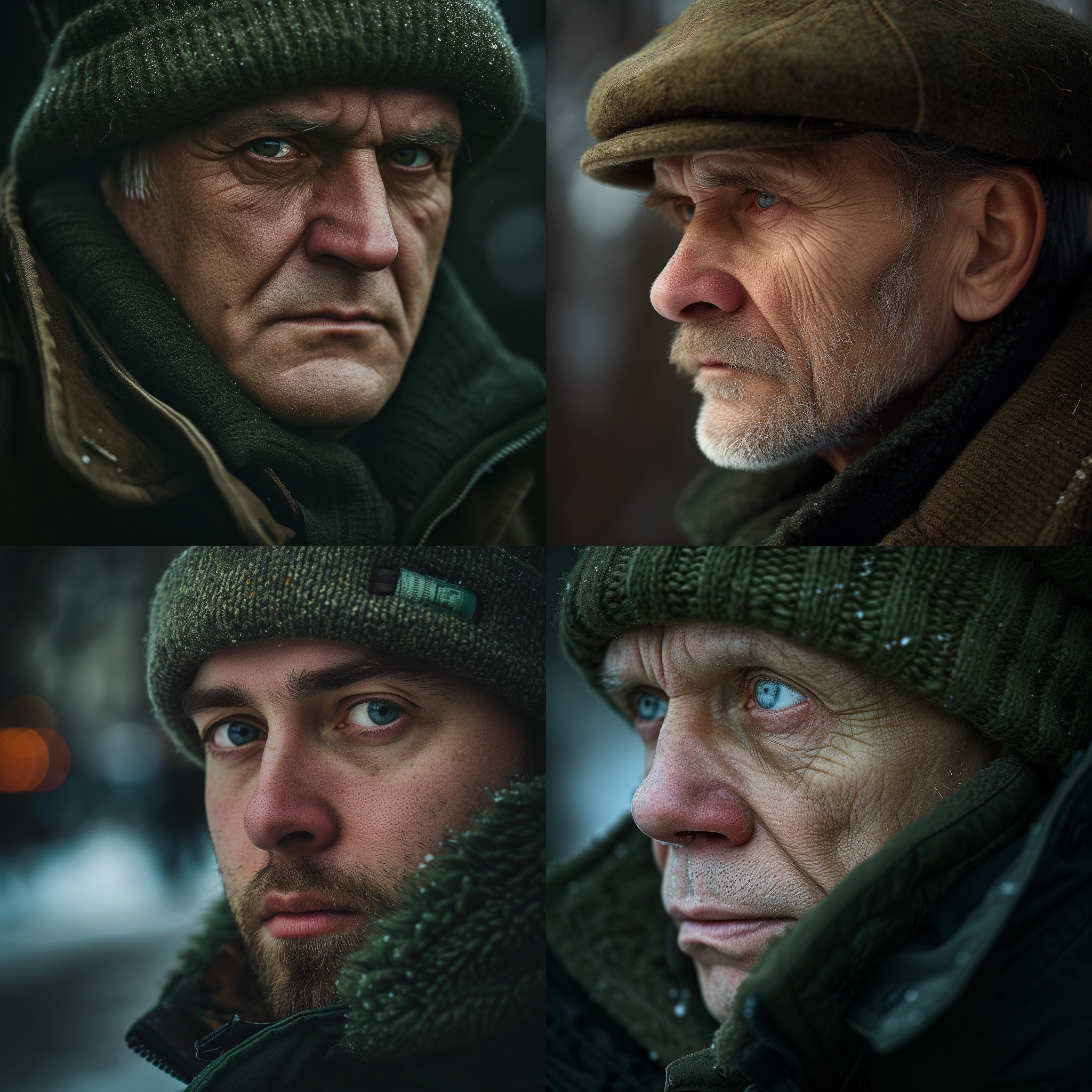 prompt. 戴绿色帽子的俄国男人，正颜,头部特写，户外，寒冷气氛，长焦镜头，侧光，细节丰富，深色调，沉稳。