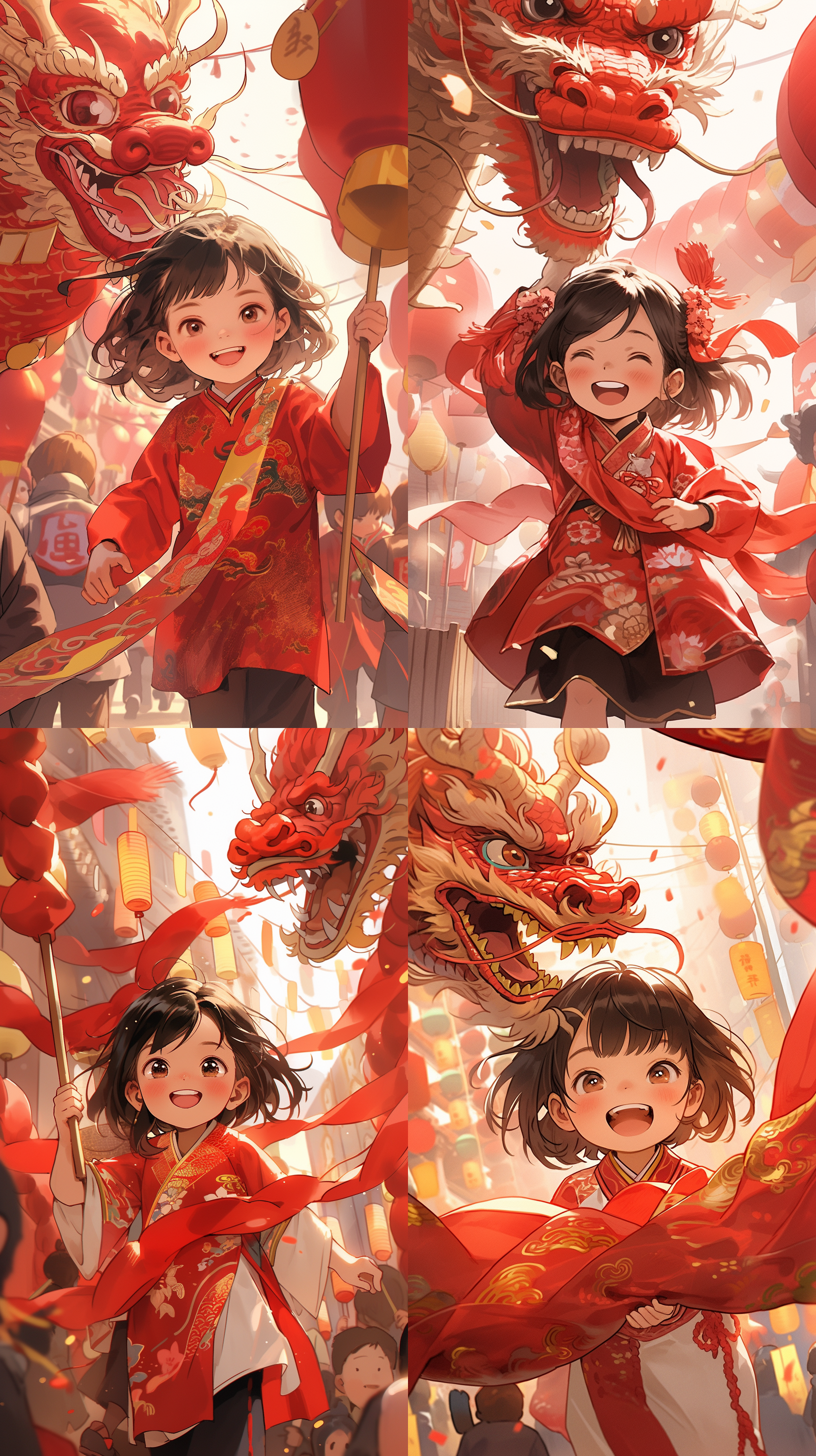 特写可爱的中国龙孩子，胸前双手拿印有新年快乐的金字条幅迎面走来，微笑，节日氛围，红色虚幻镜头背景