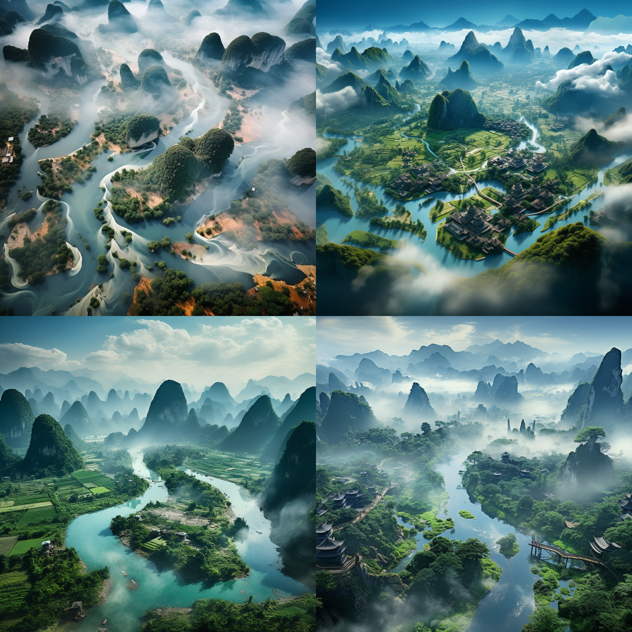 高空视角，千里江山图，山峰多样，瀑布、小桥、村落、竹林皆有，云雾缭绕。群游客点缀其中，场面宏大。摄影采用4k超高清技术，展现艺术美感和唯美效果。