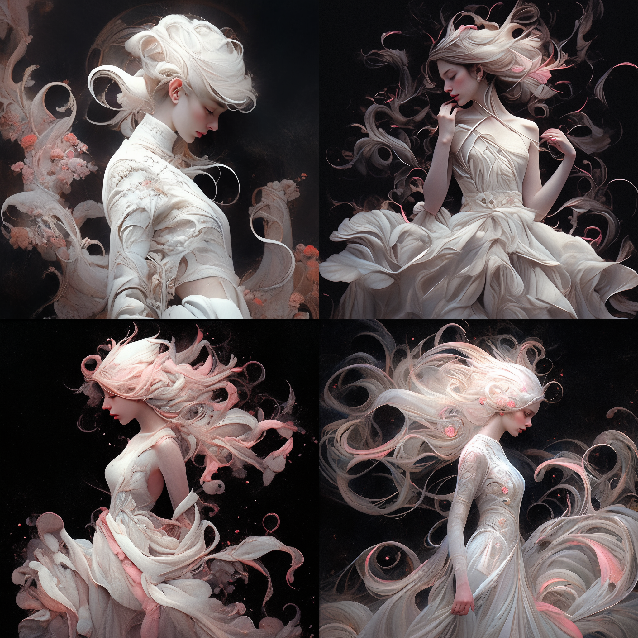 a painting of a woman in a white dress with a black background and swirls of white and pink, an ultrafine detailed painting, fantasy art, chiaroscuro, alejandro burdisio