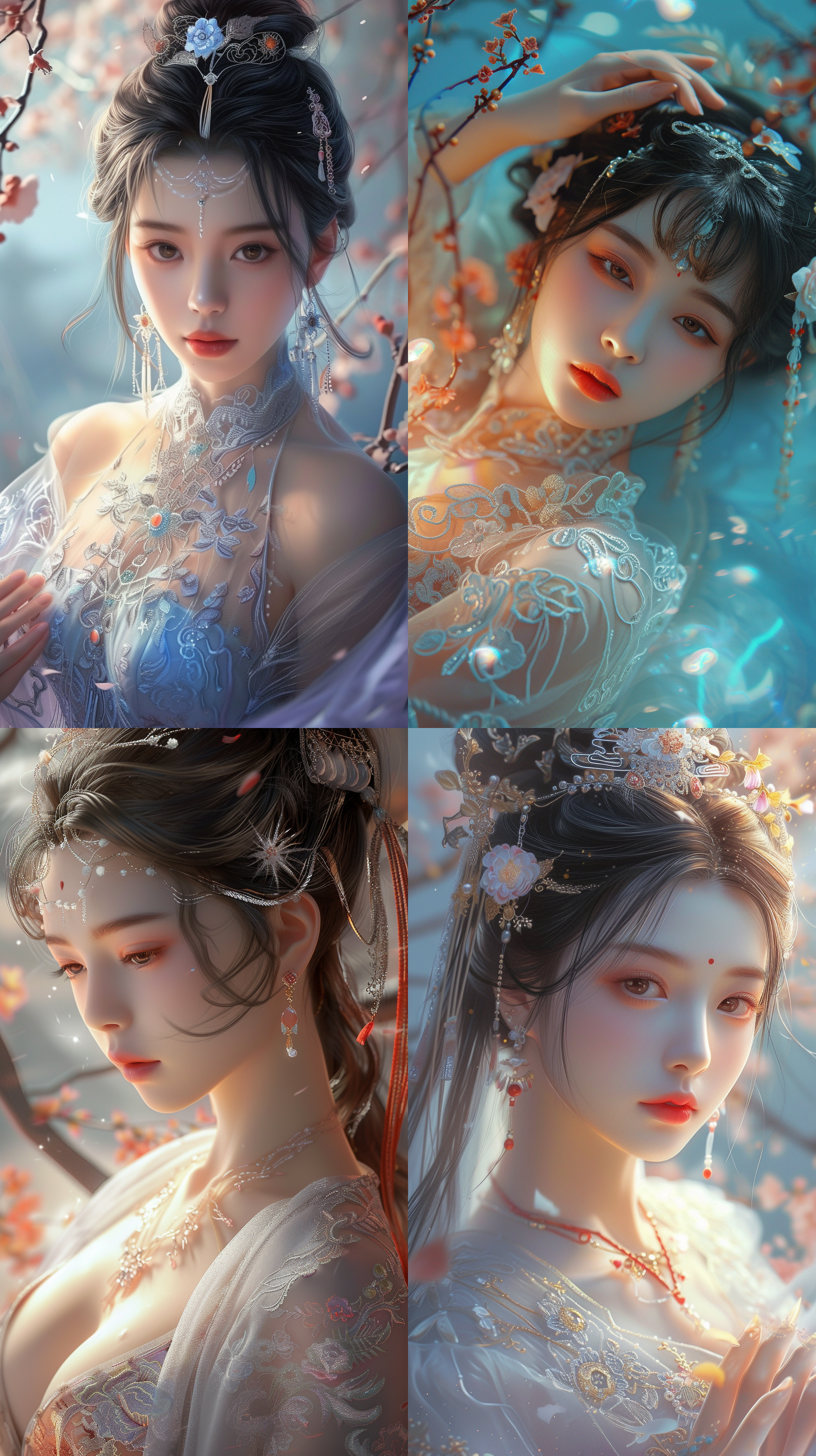 **高角度拍摄，美丽的中国女神，蕾丝，美丽的连衣裙，美丽的眼睛，鲜艳的色彩，幻想艺术，柔和的光芒，美丽，8k，生动的背景，散景，完美，