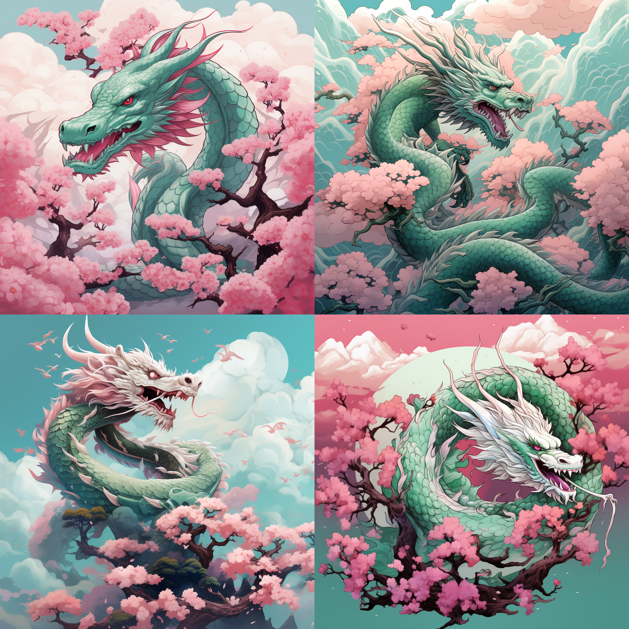 龙在云中，樱花环绕，艺术家安倍一广的风格，简约矢量艺术，真实细节，浅洋红和翠绿色，多彩壁画风格，特写，编辑插图，神话影响，大面积粉红。