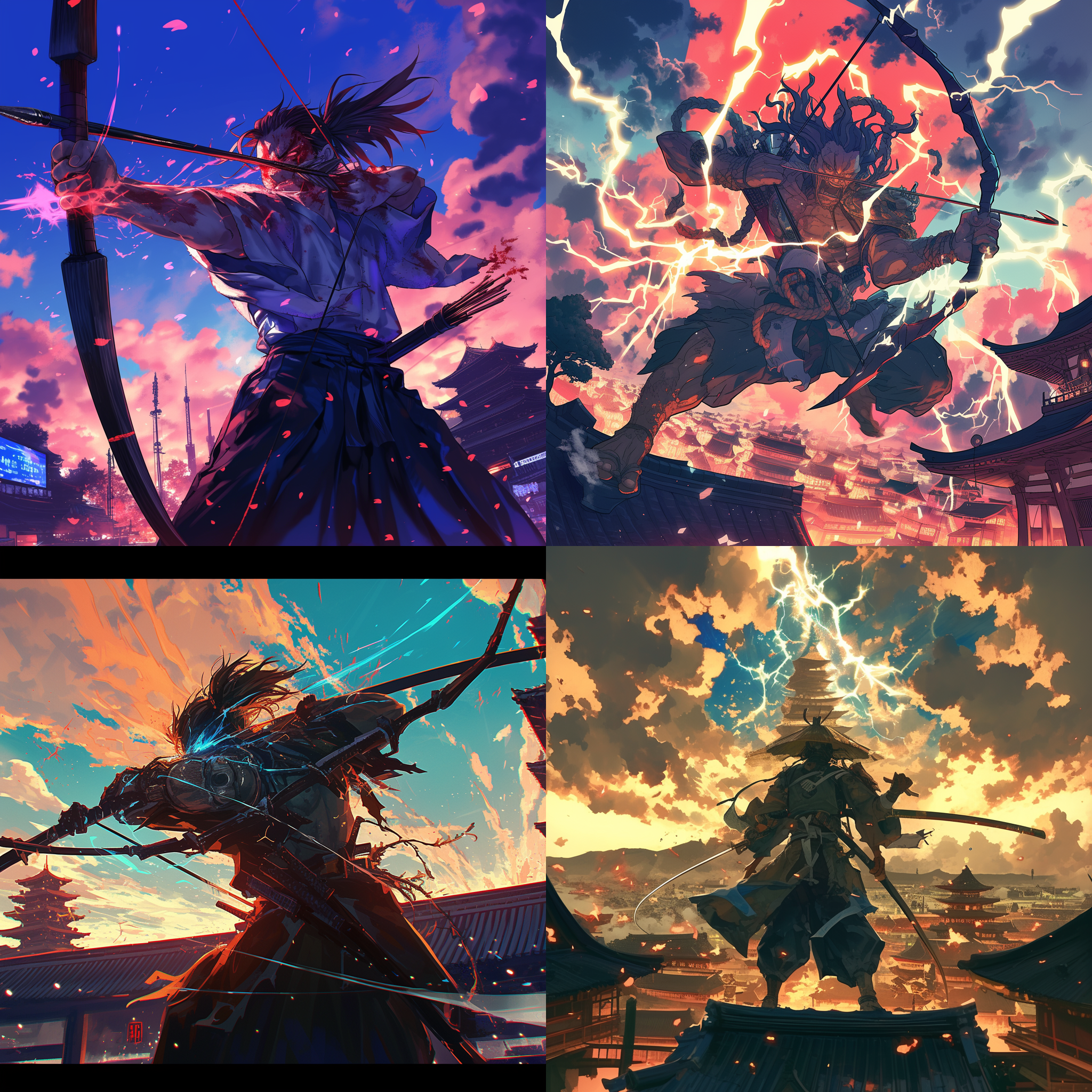 a japanese fighting manga-style hero with a huge bow, his hands wrapped in a fighting spirit, against the backdrop of osaka castle's tenshoukaku, with blinding sunlight, neon lights, and heavy clouds