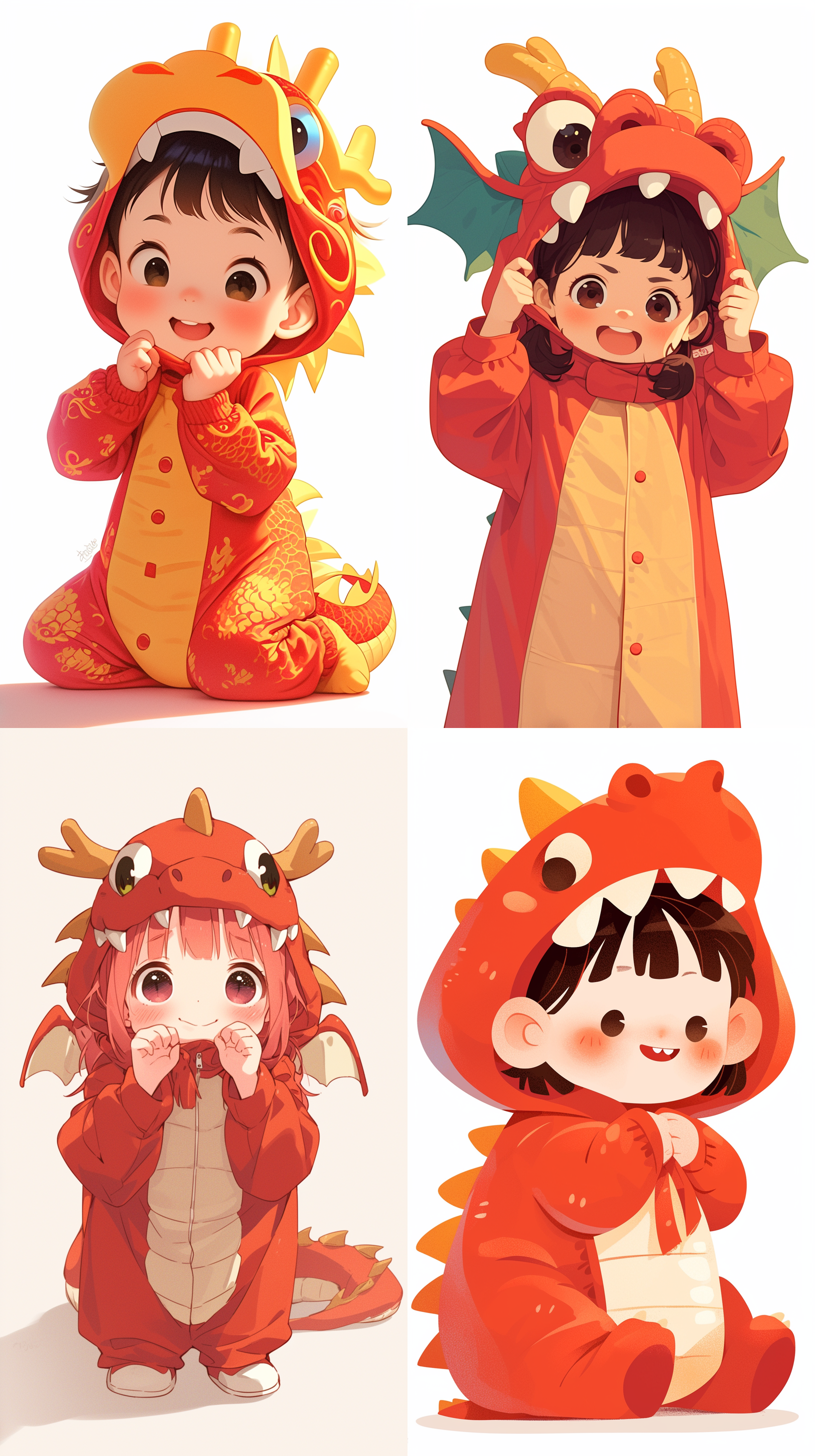 5岁婴儿宝宝，传统龙衣，可爱，平面插画风格，明亮色彩，柔和光线，室内布景，低角度，笑脸，童真，快门优先，长焦镜头，红色主题，欢乐。背景白色。