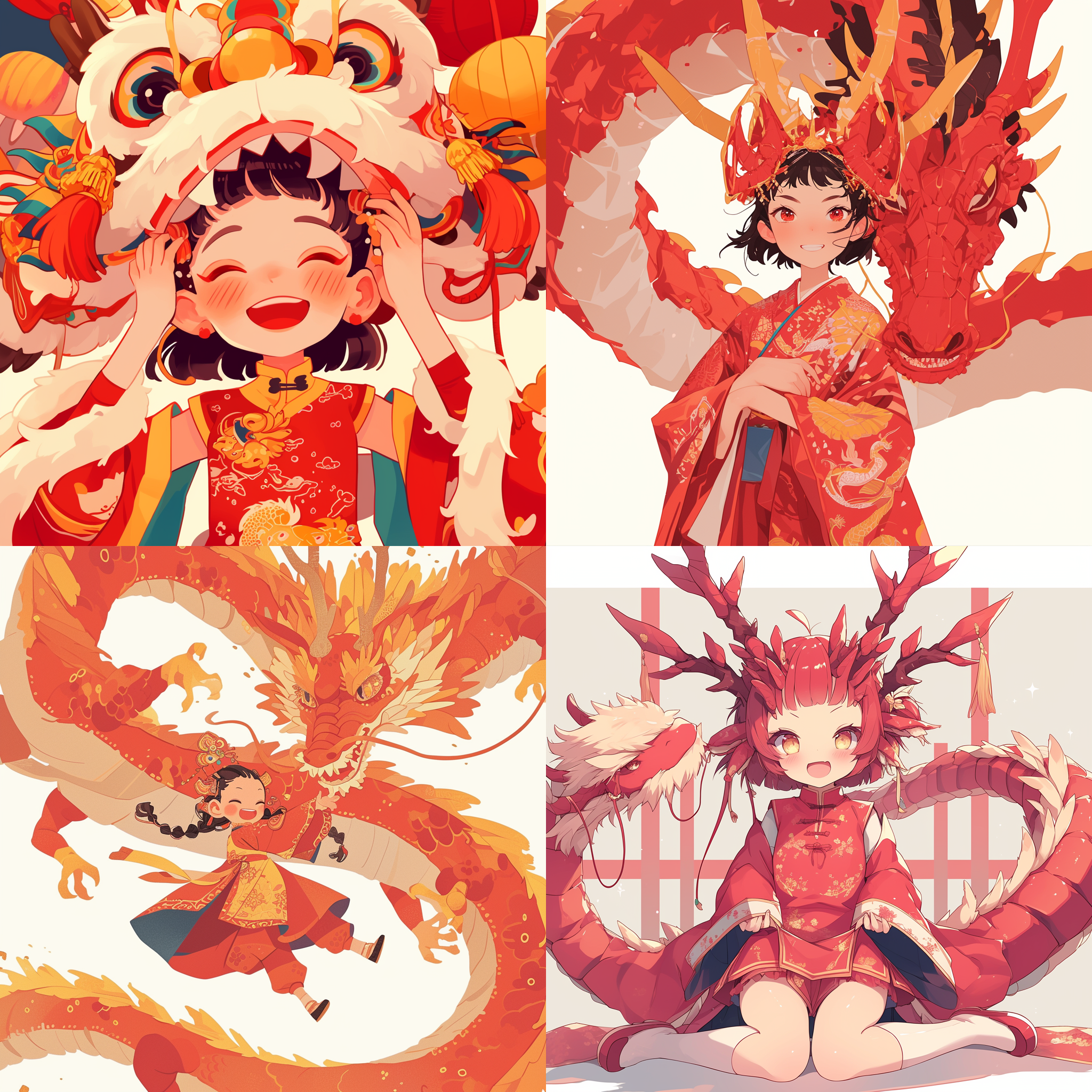 18岁女孩，传统龙衣，可爱，平面插画风格，明亮色彩，柔和光线，室内布景，低角度，笑脸，童真，快门优先，长焦镜头，红色主题，欢乐。背景白色。