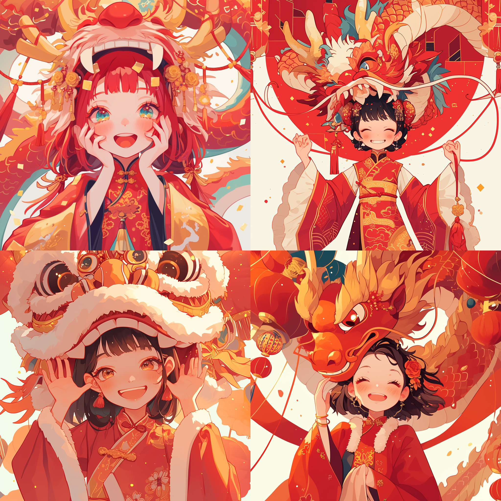 18岁女孩，传统龙衣，可爱，平面插画风格，明亮色彩，柔和光线，室内布景，低角度，笑脸，童真，快门优先，长焦镜头，红色主题，欢乐。背景白色。