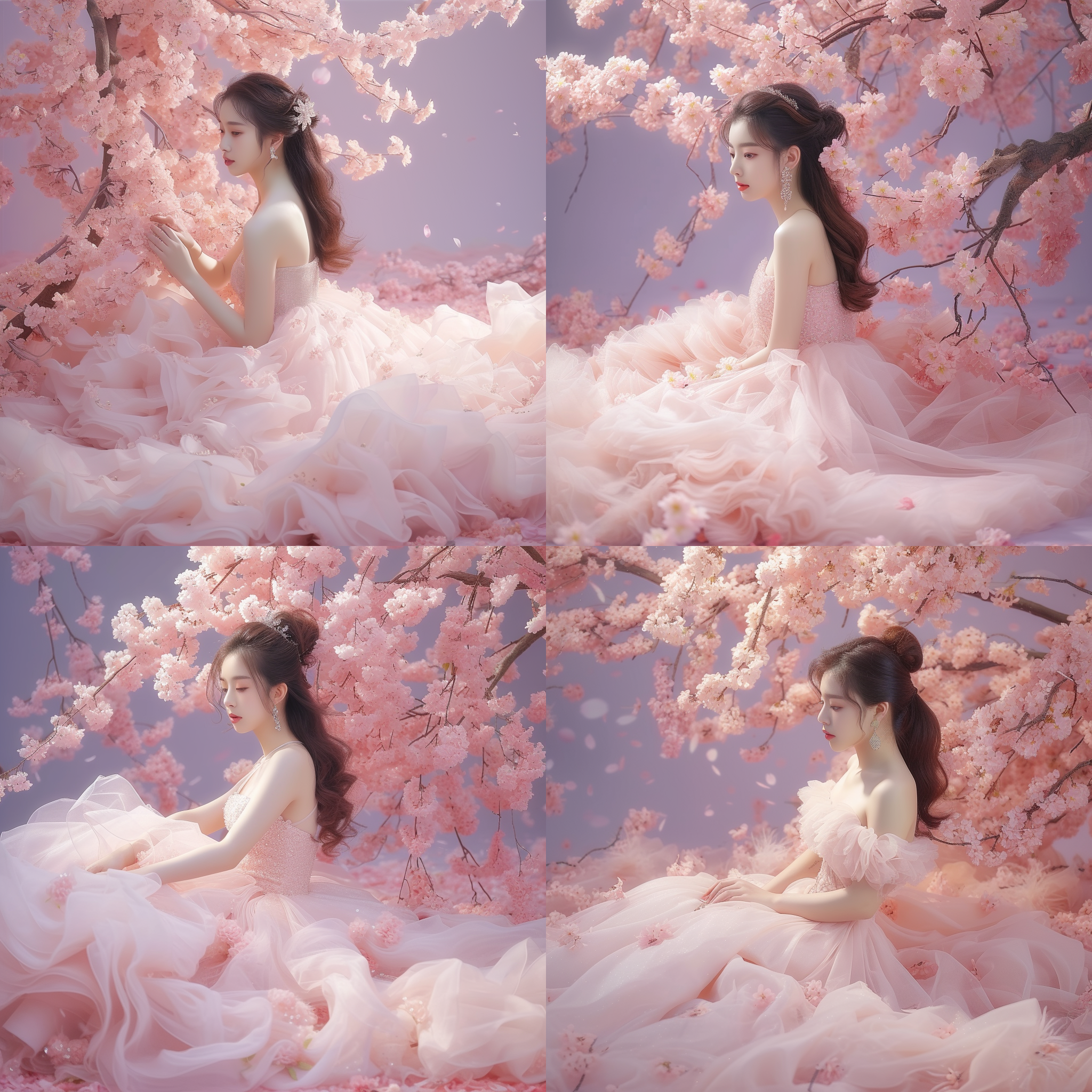 女孩耳戴钻石，坐在地上（1.3），深情的凝望，樱花