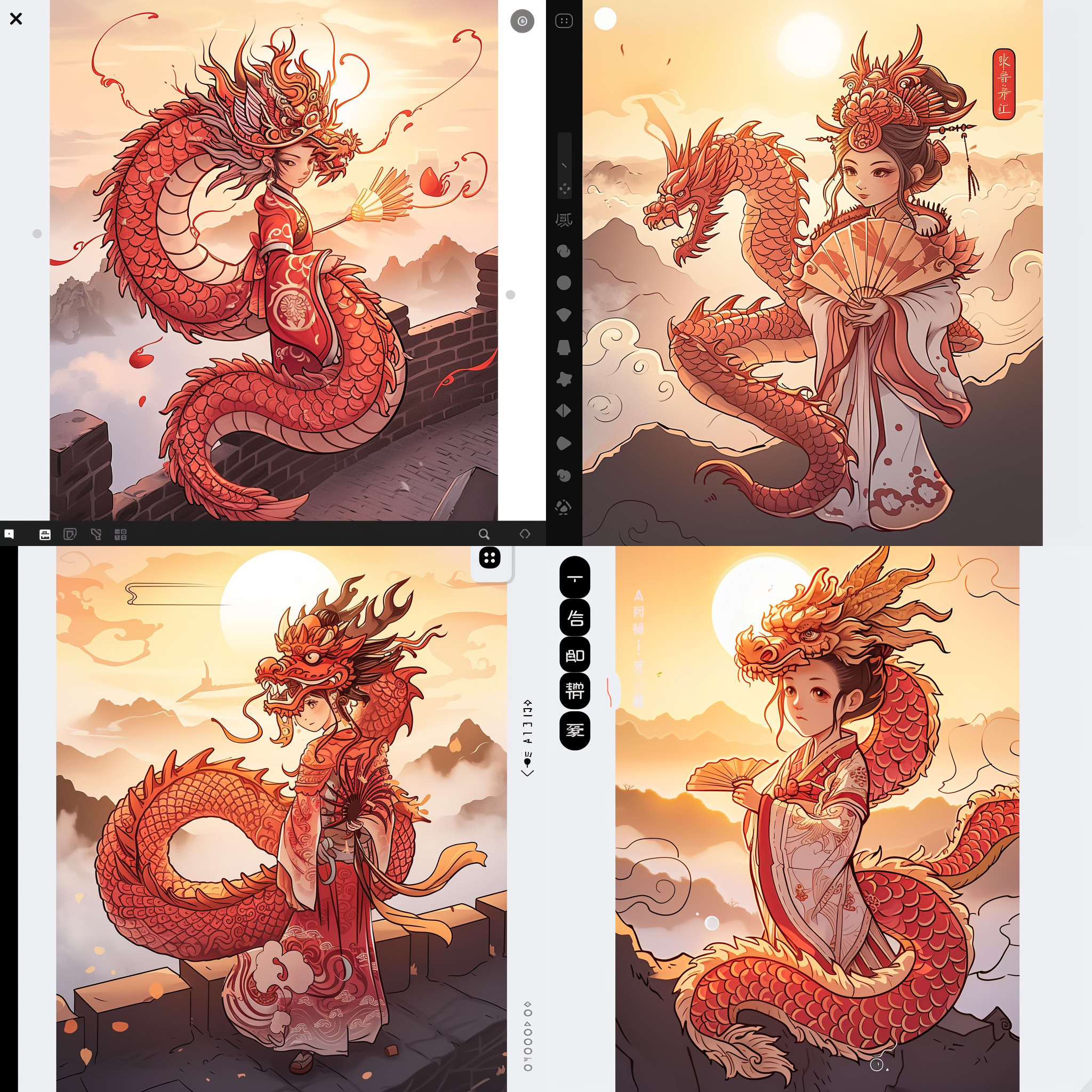 一位年轻女子站在中国长城上，迎着朝阳。她身穿传统汉服，头戴凤冠，手持扇子。图像以纵向构图展现了壮丽的长城景色，远处山峦蜿蜒，云霞缭绕。光线柔和而温暖，给人一种宁静和庄重的感觉。传达了中国的历史、文化和自然之美。长城，汉服，凤冠，扇子，山峦，云霞，纵向构图，温暖光线，庄重，宁静，历史，文化，自然之美。