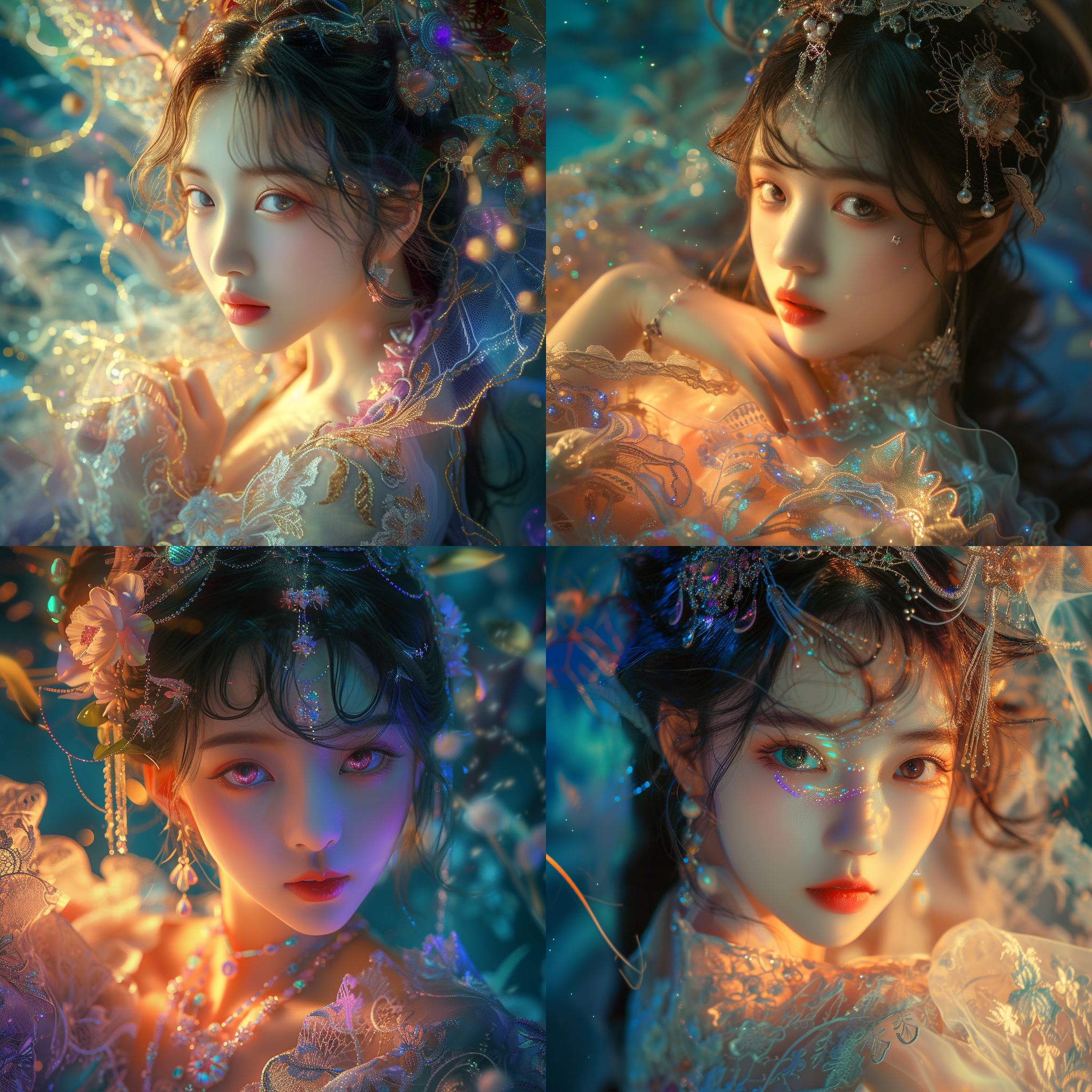 高角度拍摄，中国女神，蕾丝连衣裙，迷人眼神，鲜艳色彩，幻想艺术风格，柔和光线，生动背景，8k分辨率，完美构图，散景效果，令人心驰神往。