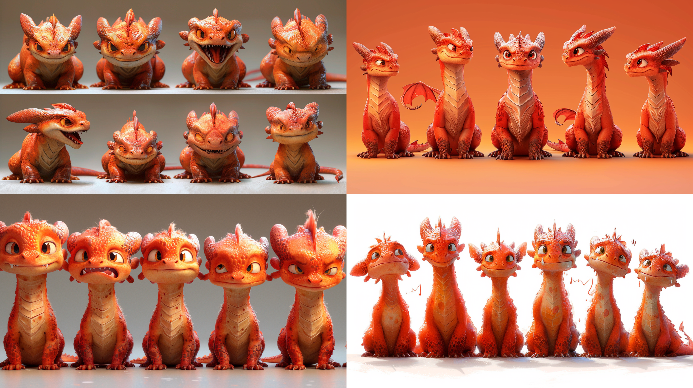 拟人化龙，9种表情和动作，卡通画风，明亮鲜艳色彩，高清晰度，红色主题，不同情境，网络语言和词语，欢喜，思考，惊讶，生气，忧伤，睡眠，跳跃，阅读，跳舞。