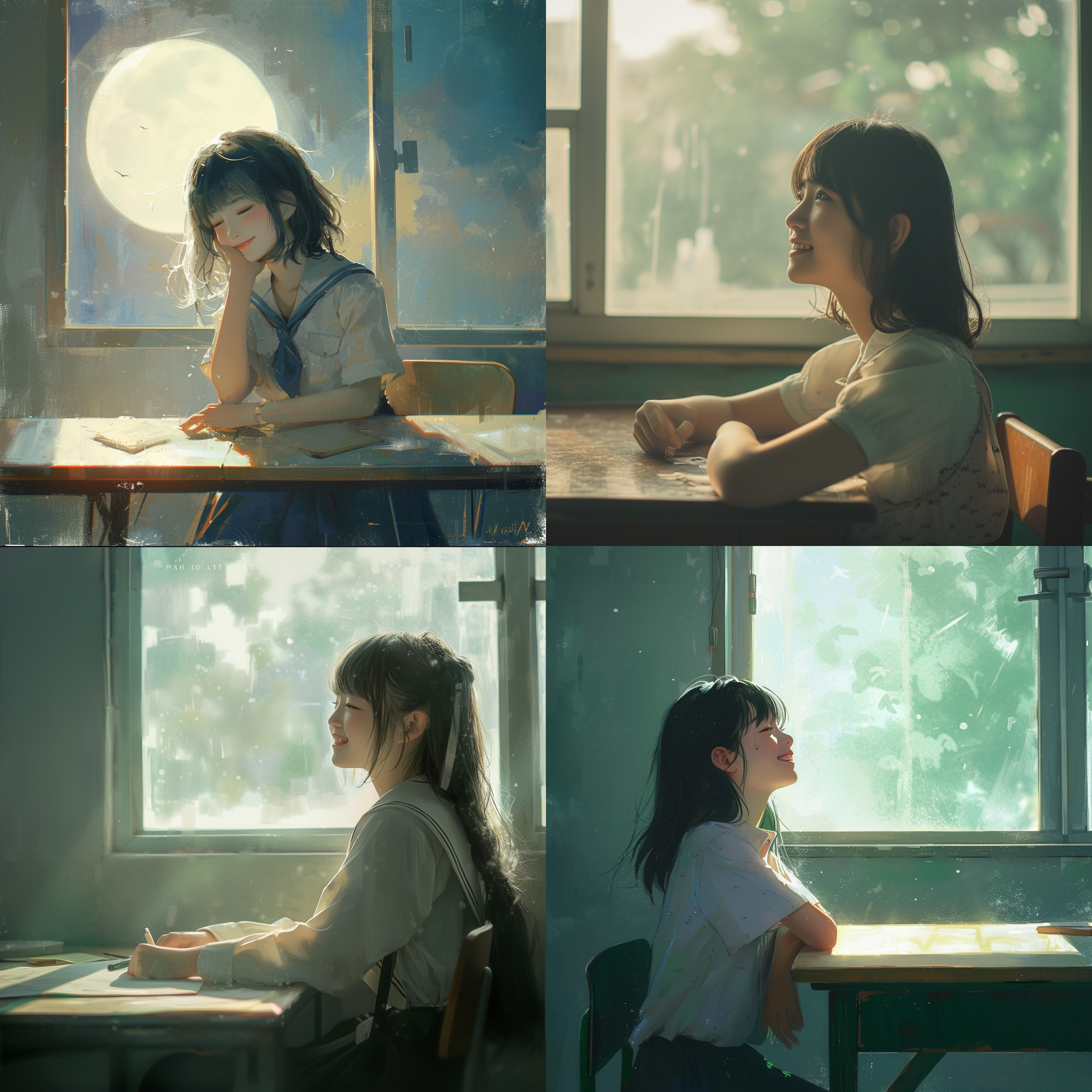 初恋，白月光洒在青涩的女孩身上，她坐在教室的同桌旁，微笑着看着窗外。构图以女孩为主角，背景温暖而朦胧，呈现出一种纯真和浪漫的氛围。使用长焦镜头，柔和的侧光，细腻的色彩，表达出初恋的甜蜜和憧憬。