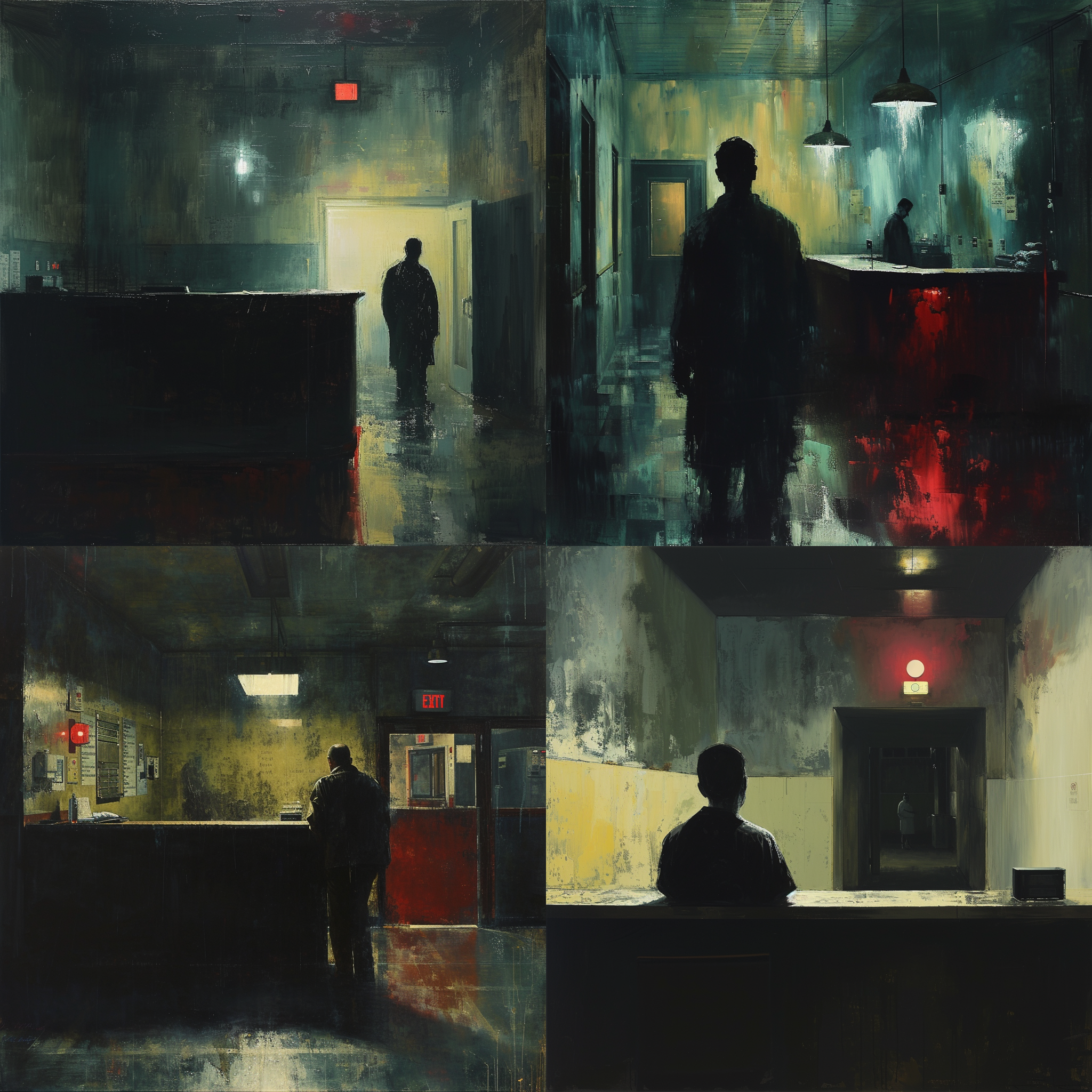 超级高分辨率，大师级精细绘画，色调以黑色 红色 绿色 黄色为主，医院护理台，诡异气氛，一名男护士和一个隐约可见的人影，灯光微弱