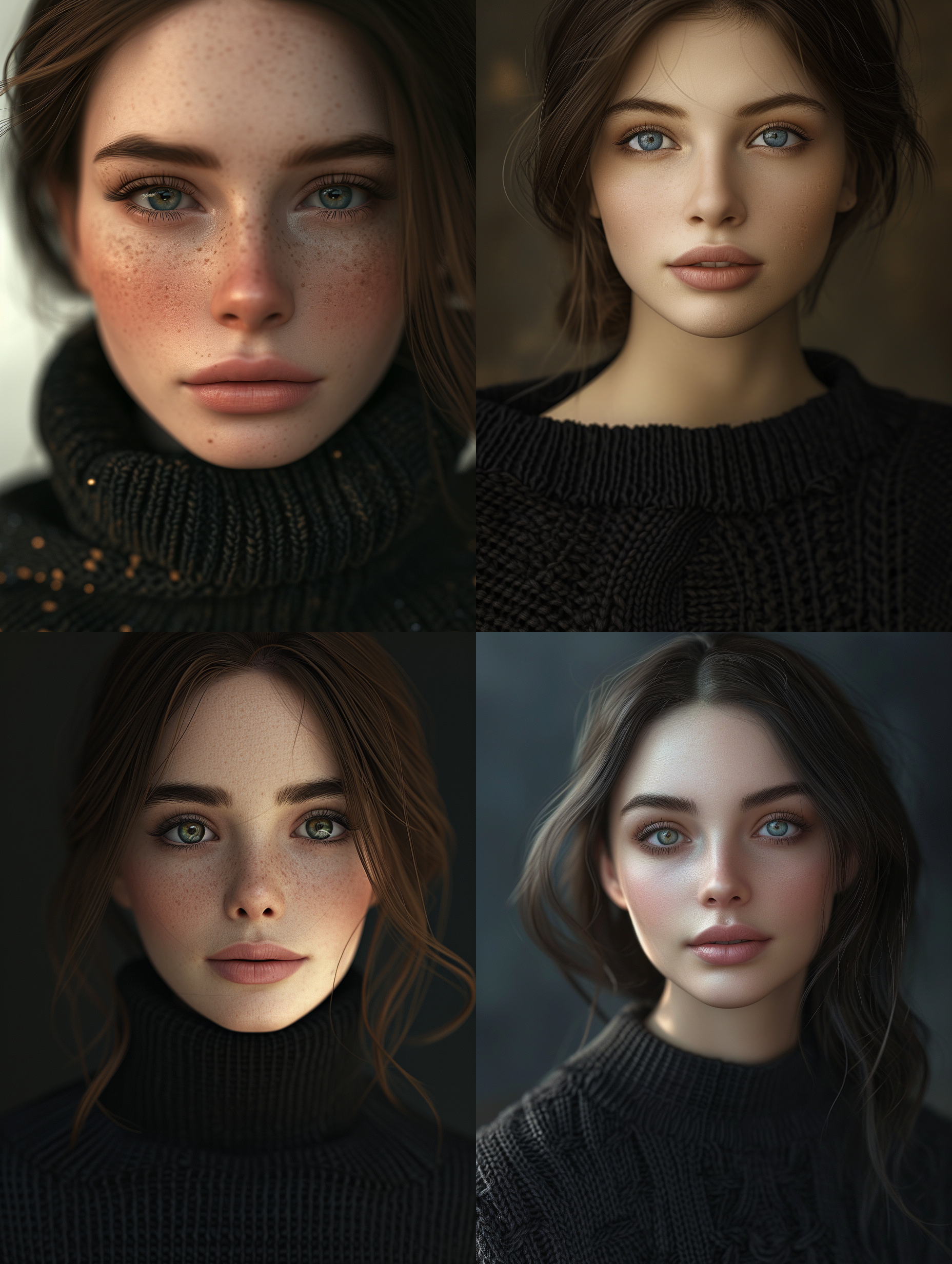 女性头像，正面脸，肩膀以上。细腻的肌肤，柔和的光线照亮了她的面庞。背景简洁，深色调突出她的形象。她的眼睛明亮而迷人，微笑中透露出自信和温暖。黑色粗细相间的毛衣衬托出她的优雅和时尚。自然风格，浅景深，大光圈，自然光，自然动作，温暖色调，优雅，自信。