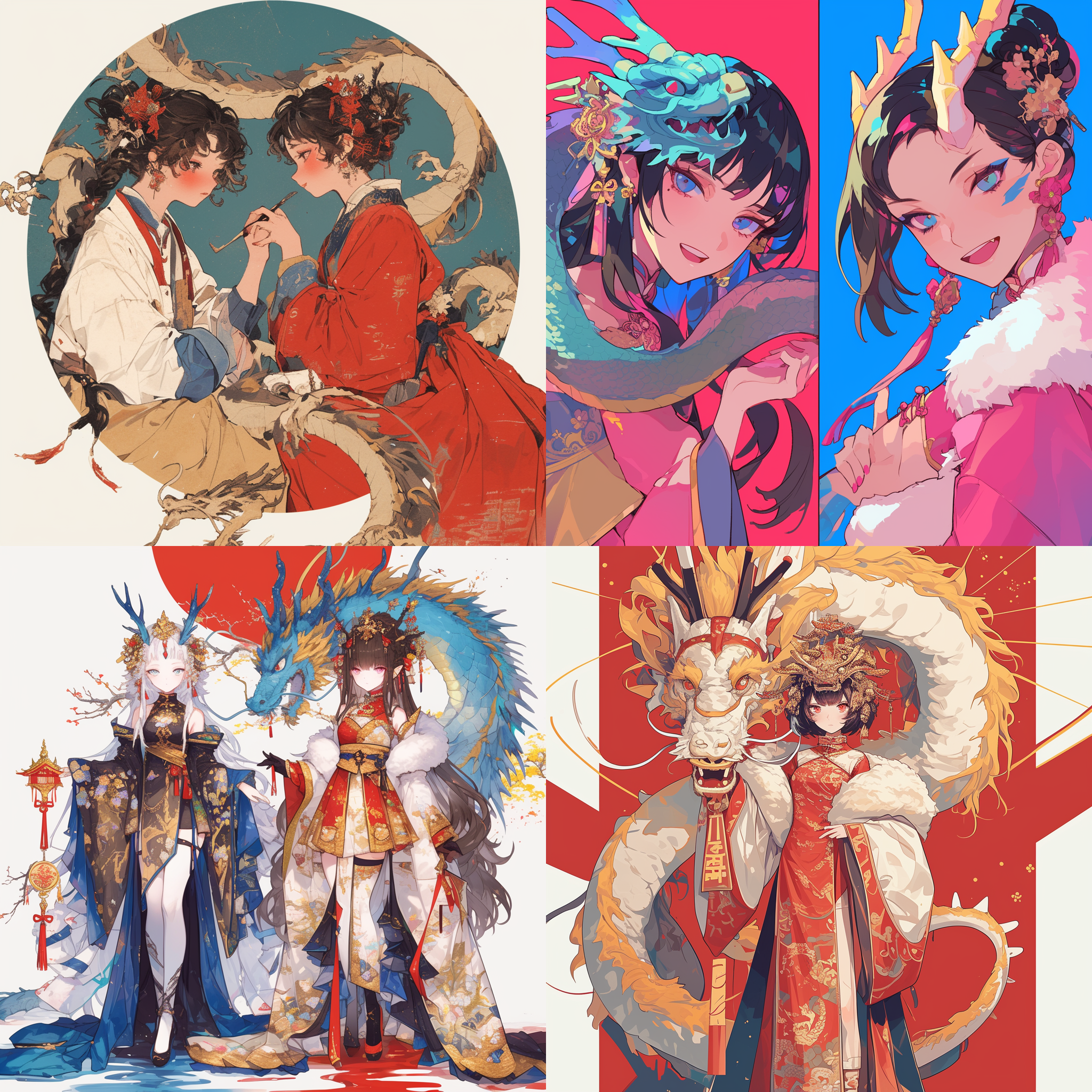 穿着古代礼服的酷女孩和中国龙