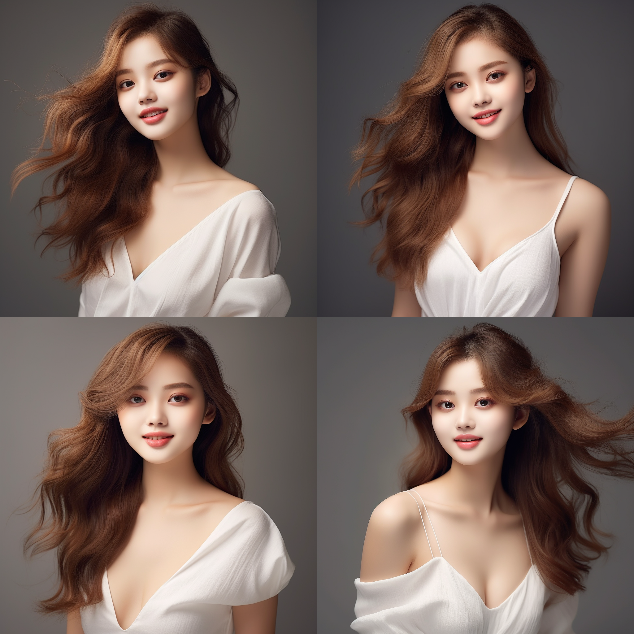 美女微笑，简约纯色背景，细腻皮肤，穿着一件白色的柔软连衣裙，真实细节，精致构图，工作室灯光，白平衡，肖像摄影风格，长焦镜头，自然色彩，优雅，自信。