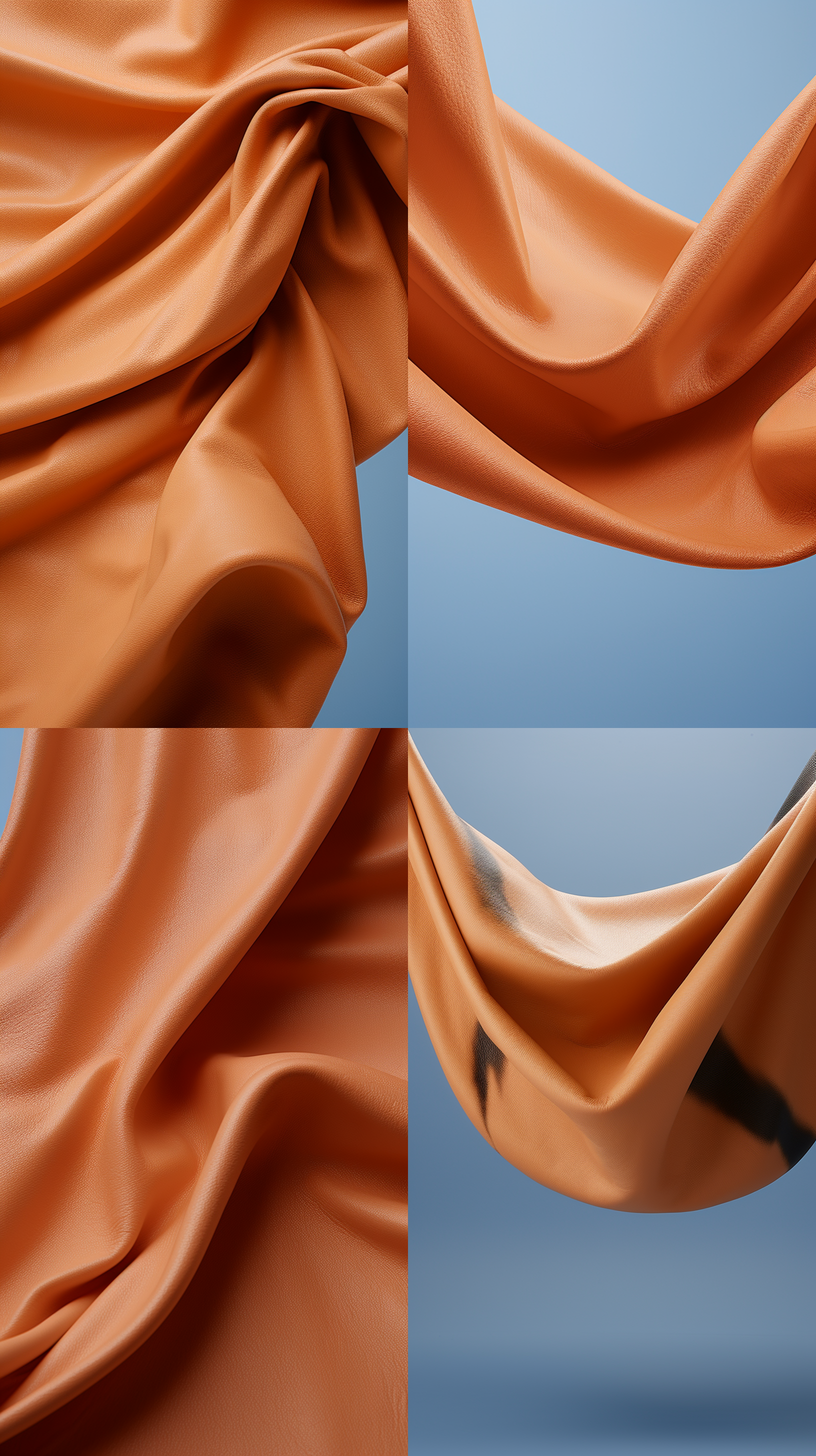 橙色牛皮革在天空中飘动，细腻的毛孔细节和顺滑质感。夕阳的余晖照亮着它，创造出高对比度的黑白摄影风格。通过无人机拍摄，展现了逆光下的动态和自由飘扬。纹理丰富的牛皮革传递着力量与自由的情感。牛皮革的艳丽色彩与天空形成鲜明对比，令人印象深刻。橙色牛皮革，夕阳，高对比度，黑白摄影风格，无人机拍摄，逆光，动态，自由飘扬，纹理丰富，力量与自由。 暖光 黄 象牙白 皮革