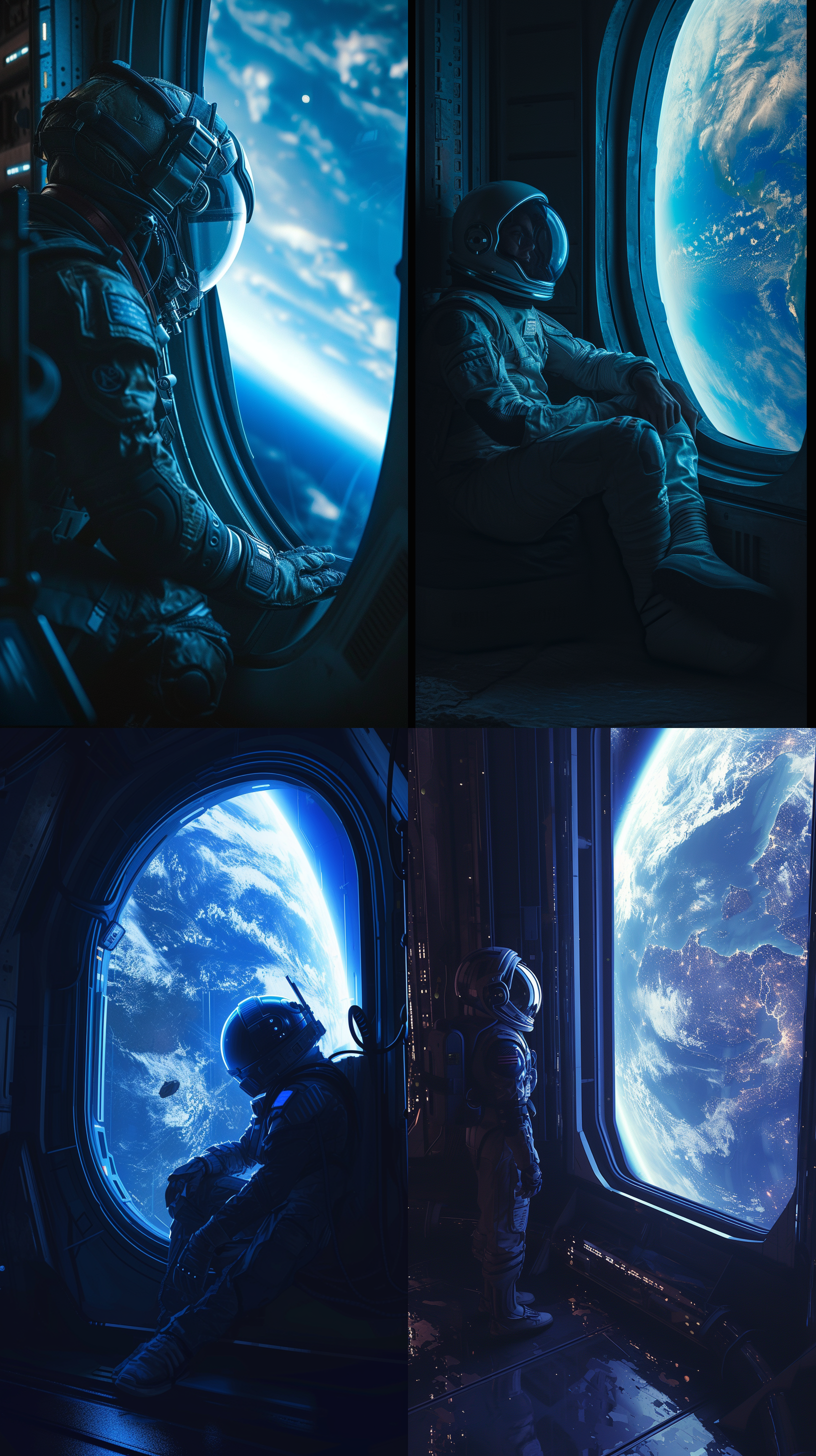未来空间站内，一个人靠在窗边遥望地球。窗外是宇宙的黑暗，地球则呈现出美丽的蓝色。人物身着宇航服，透过头盔可以看到他专注而温和的表情。构图简洁明快，突出了人与宇宙的对比。高清晰度，长焦镜头，冷色调，窗户反射光线，静止。