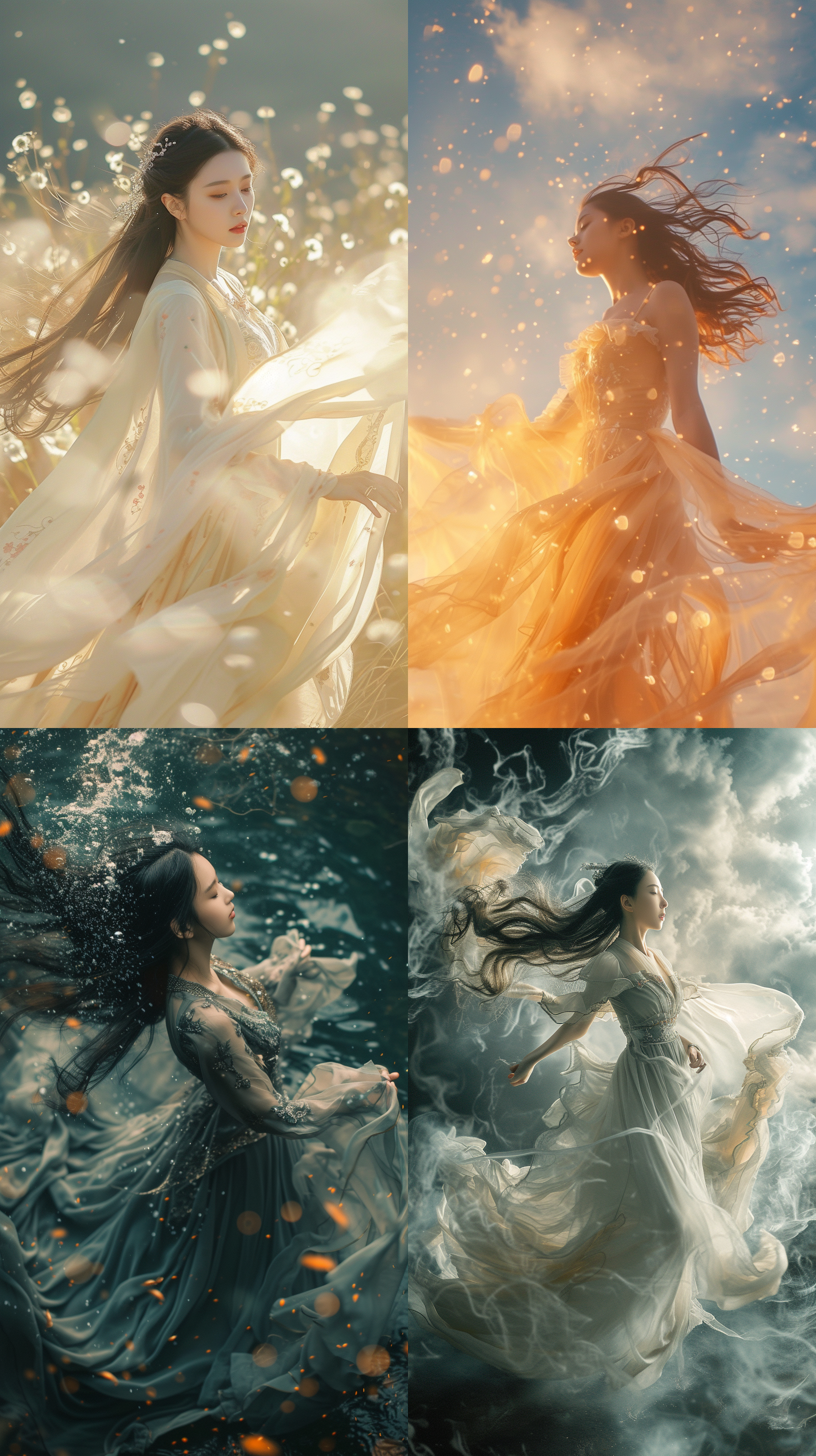 国风仙女舞蹈，姿态优雅，背景为瑰丽仙境，渲染细腻，使用柔光和长焦镜头，仙女身着飘逸长裙，头发飘扬，呈现神秘色调，营造梦幻氛围，给人宁静与神秘的感觉。