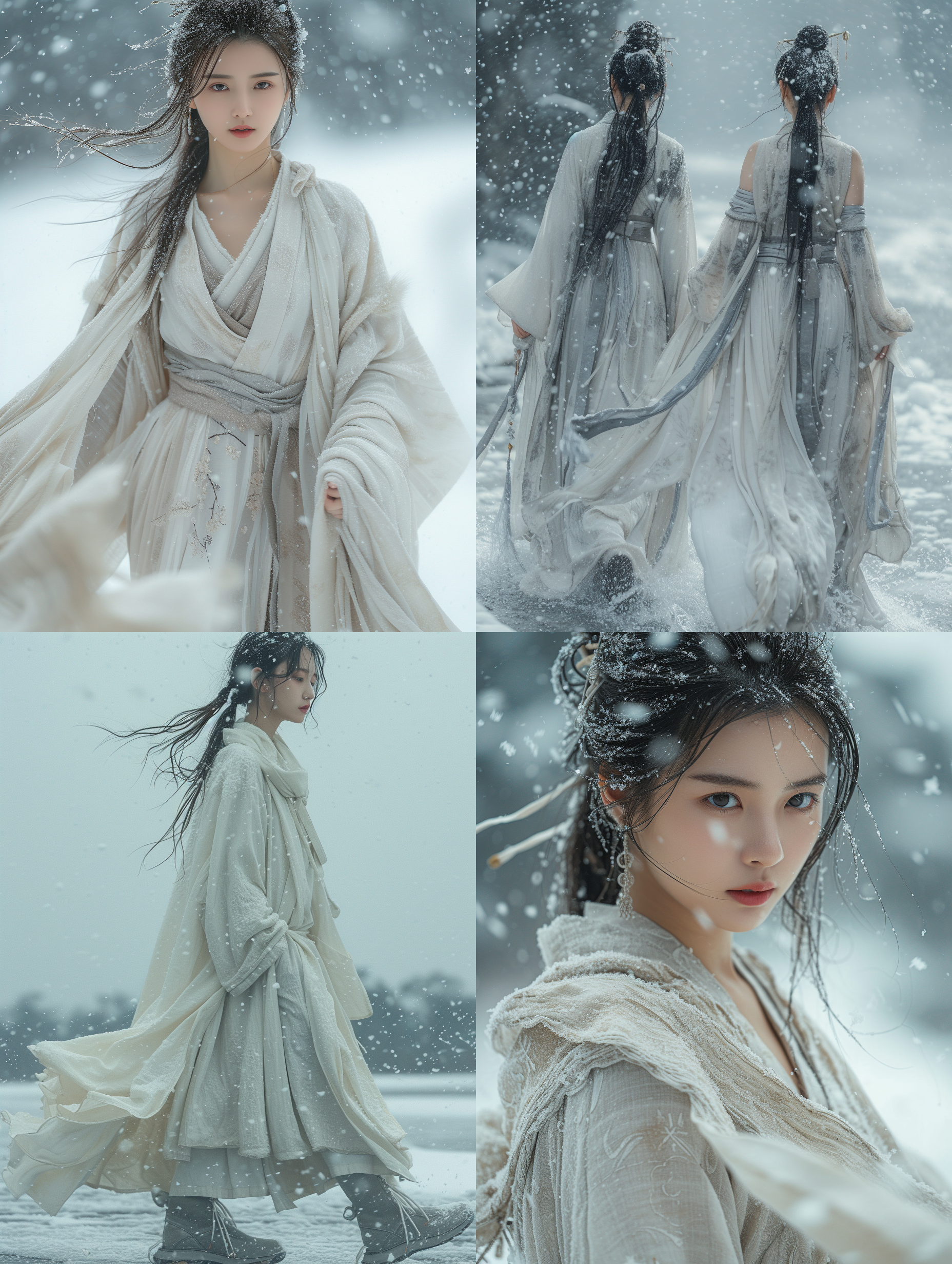 中国美女穿着长长的棉袍，灰色的鞋子走在雪地上，全身，背景浅淡的像水墨画，大雪纷飞，目光温柔，坚定，电影风格，超清32k，富士胶片