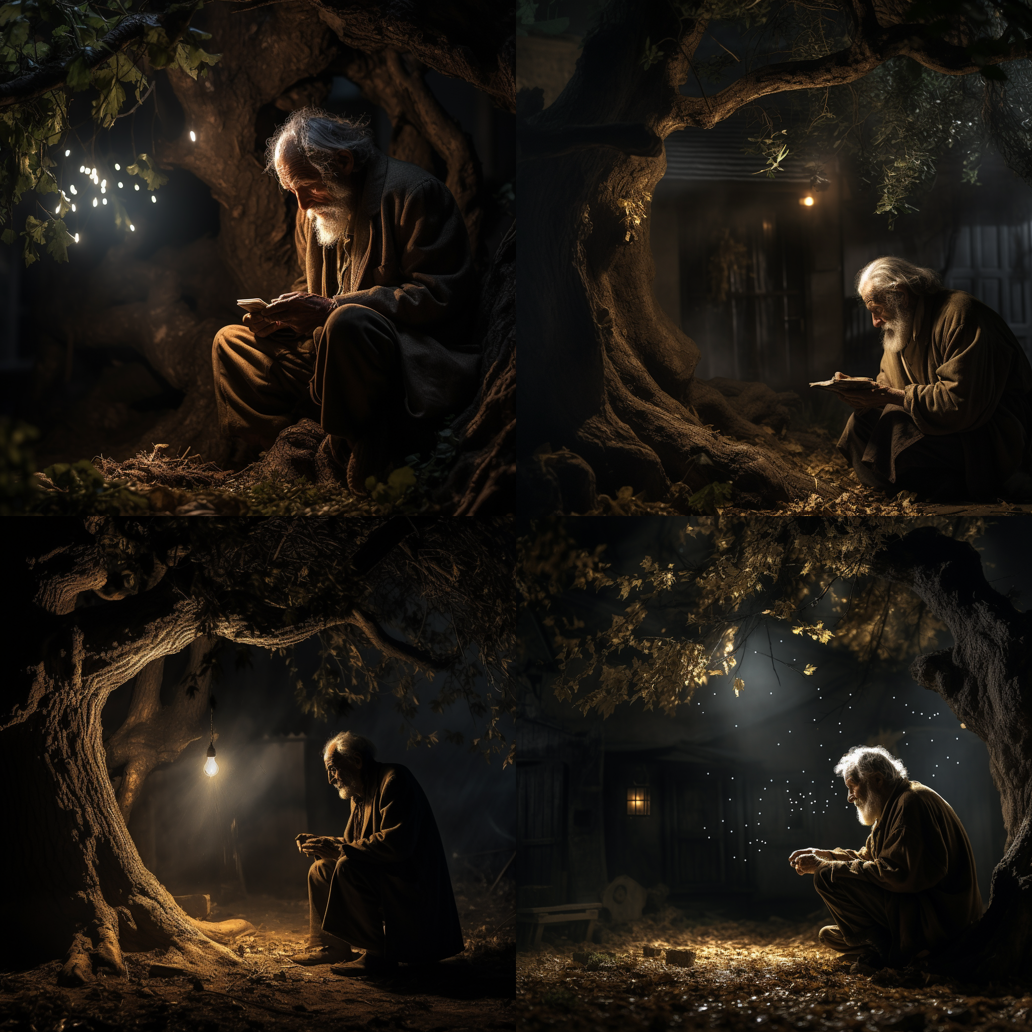 诡异阴森的夜晚 ，在一棵大槐树下，一位衣衫褴褛的老人在讲故事，使用长焦镜头，突出老人形象