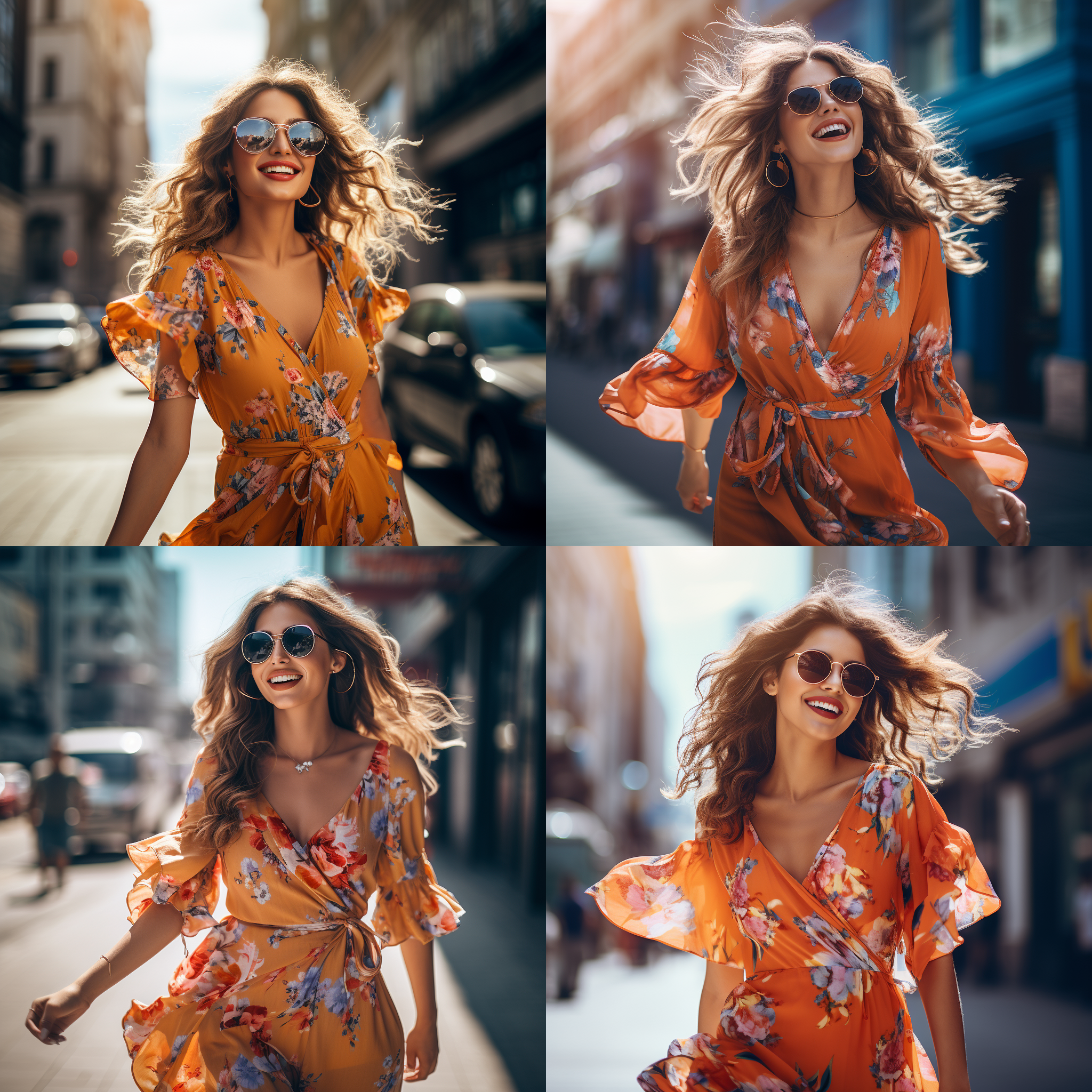 漂亮的美女，在大街上，穿着时尚的连衣裙，戴着墨镜，微笑着走过。背景是繁忙的城市街道，高楼大厦和车流人潮。风格时尚摄影，广角镜头，明亮的日光，动感，活力，自信，鲜艳的色彩，现代都市情调。