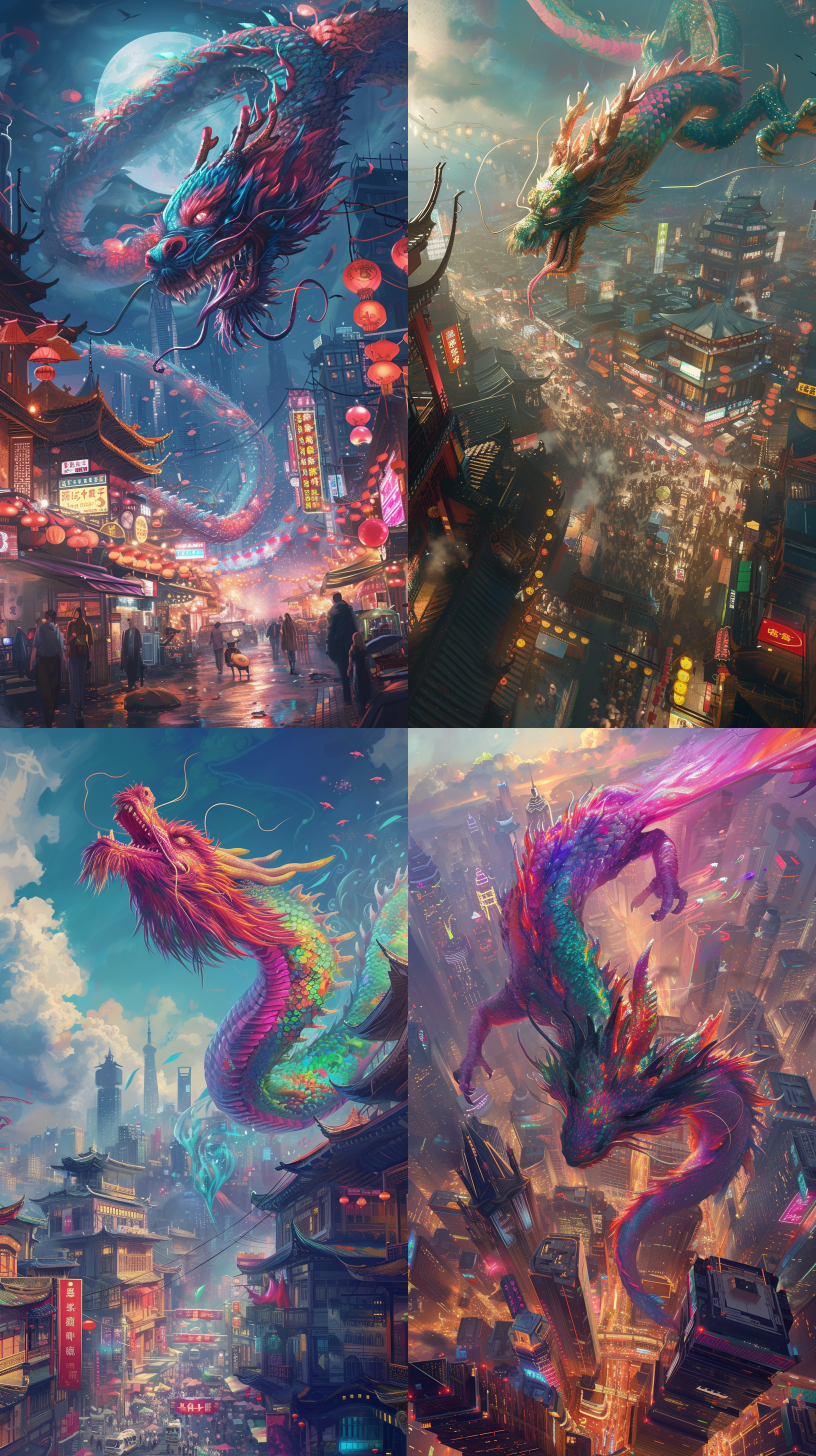 龙年壁纸，大场景，色彩绚丽。一条巨大的龙在繁华的城市上空盘旋，身体绚丽多彩，展翅欲飞。画面采用鸟瞰角度，广角镜头捕捉到城市的繁忙街道和高楼大厦，色彩饱满，充满活力。龙的身姿威武而优雅，彰显着中国传统文化的庄严与神秘。