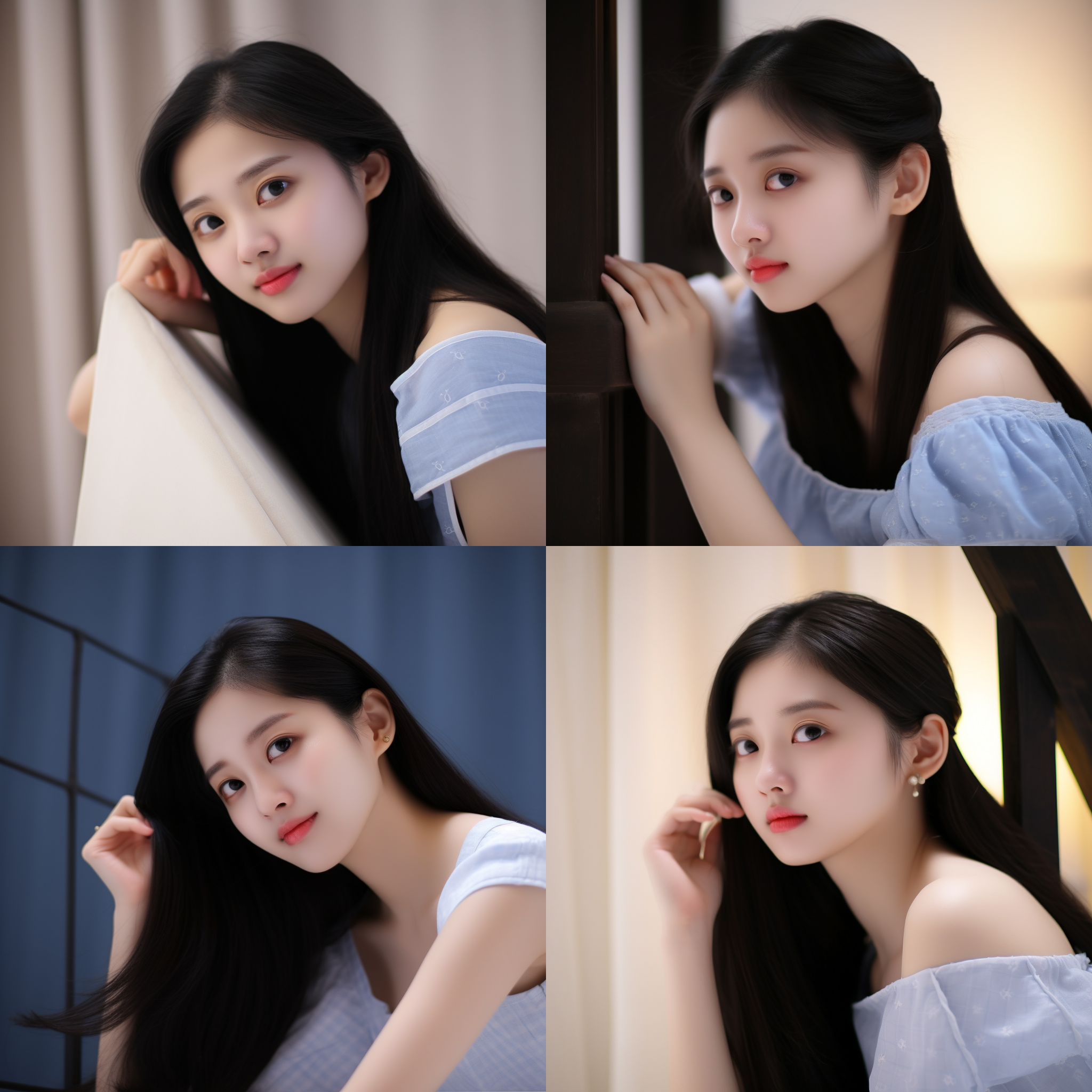 中国美女微笑，侧脸，细腻皮肤，黑发，清纯，真实细节，精致构图，简约纯色背景，柔光，肖像摄影风格，长焦镜头，自然色彩，优雅。