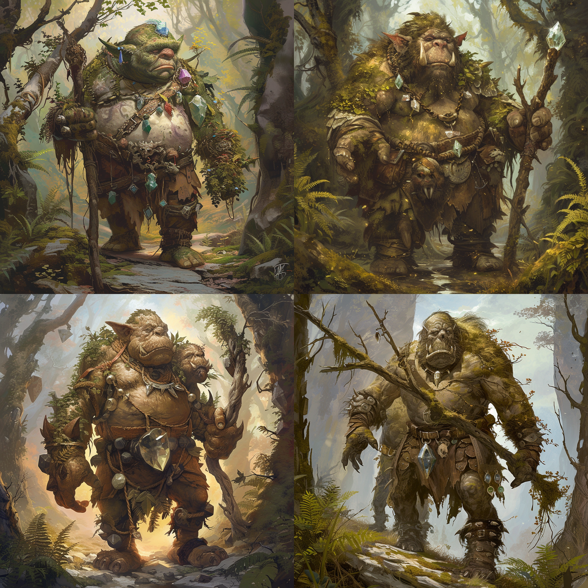 长双个头的食人魔，其中一个头是战士属性头戴皮盔颈部项圈，另一个头魔法师属性头戴晶体挂坠，身穿皮甲磨损痕迹，手持镶嵌魔法晶体的粗藤棍棒，脚穿硬皮靴，背景稀树荒原，巨岩密蕨缠藤绿苔。高对比度，广角镜头，日落光线，奔跑，神秘，狂野，力量。