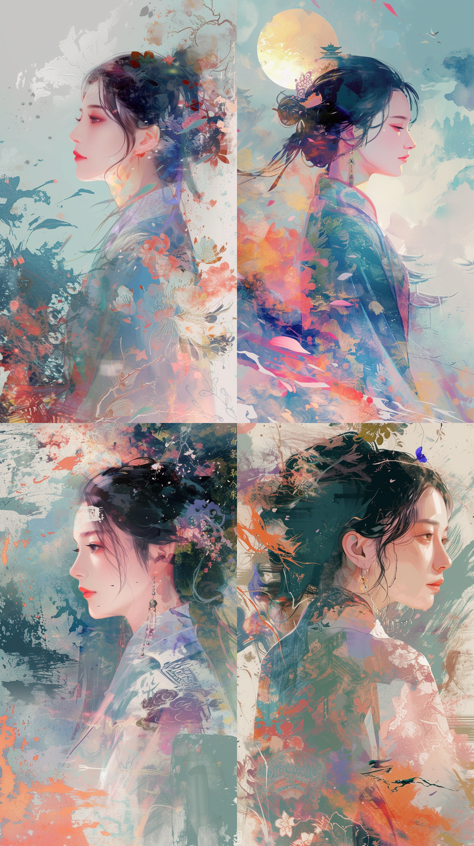 一个中国女人，半身，中国风景，抽象绘画，禅宗，艾米·索尔风格，光抽象封面艺术的，简单矢量艺术，当代中国艺术，颜色渐变，柔和的调色板保存形式，异想天开的动画，风格空灵抽象。