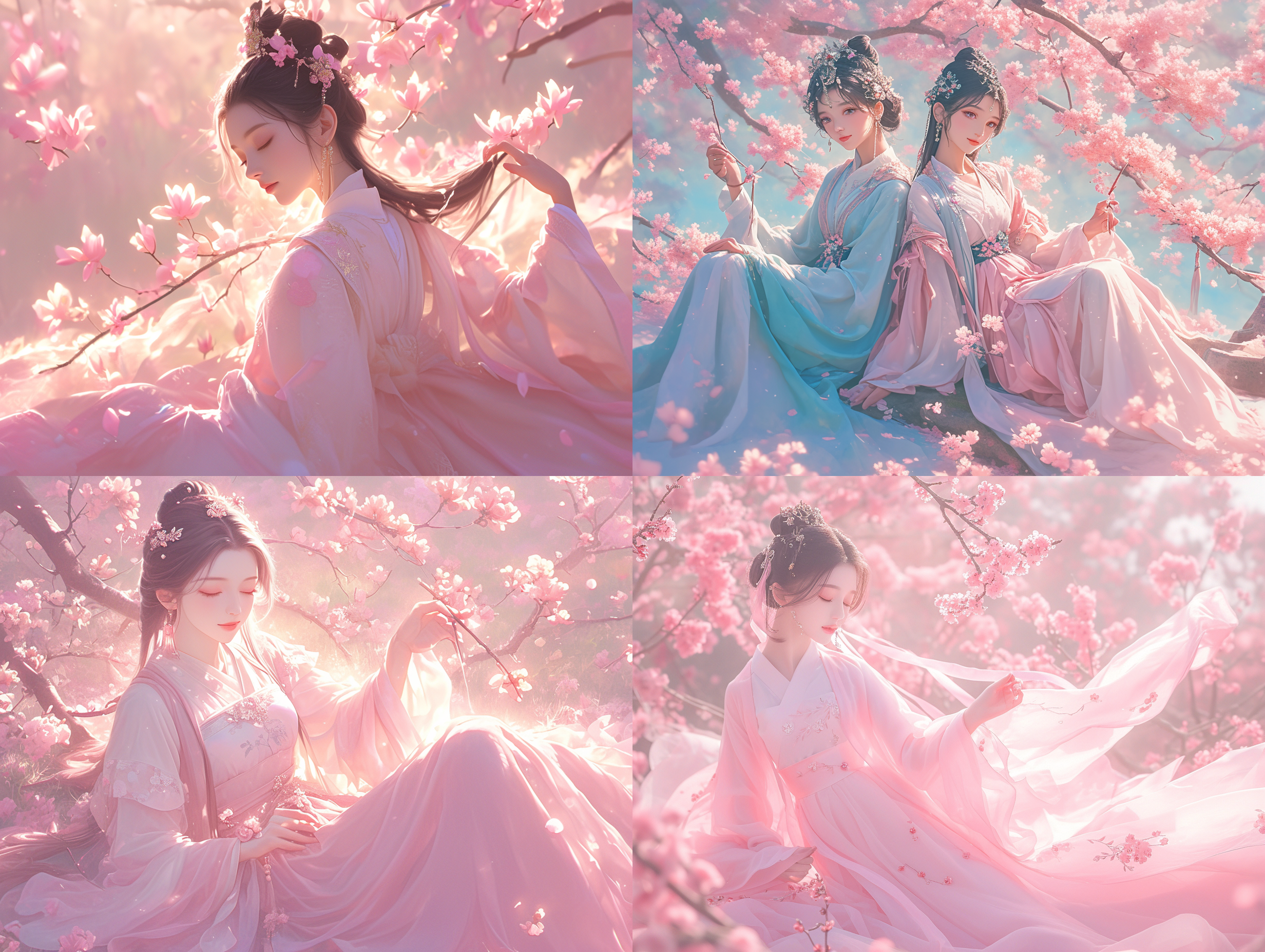 prompt. 国色天香，汉服仕女，古风摄影，花海中，柔和光线，正襟危坐，端庄优雅，粉色调，静谧优雅，微笑。