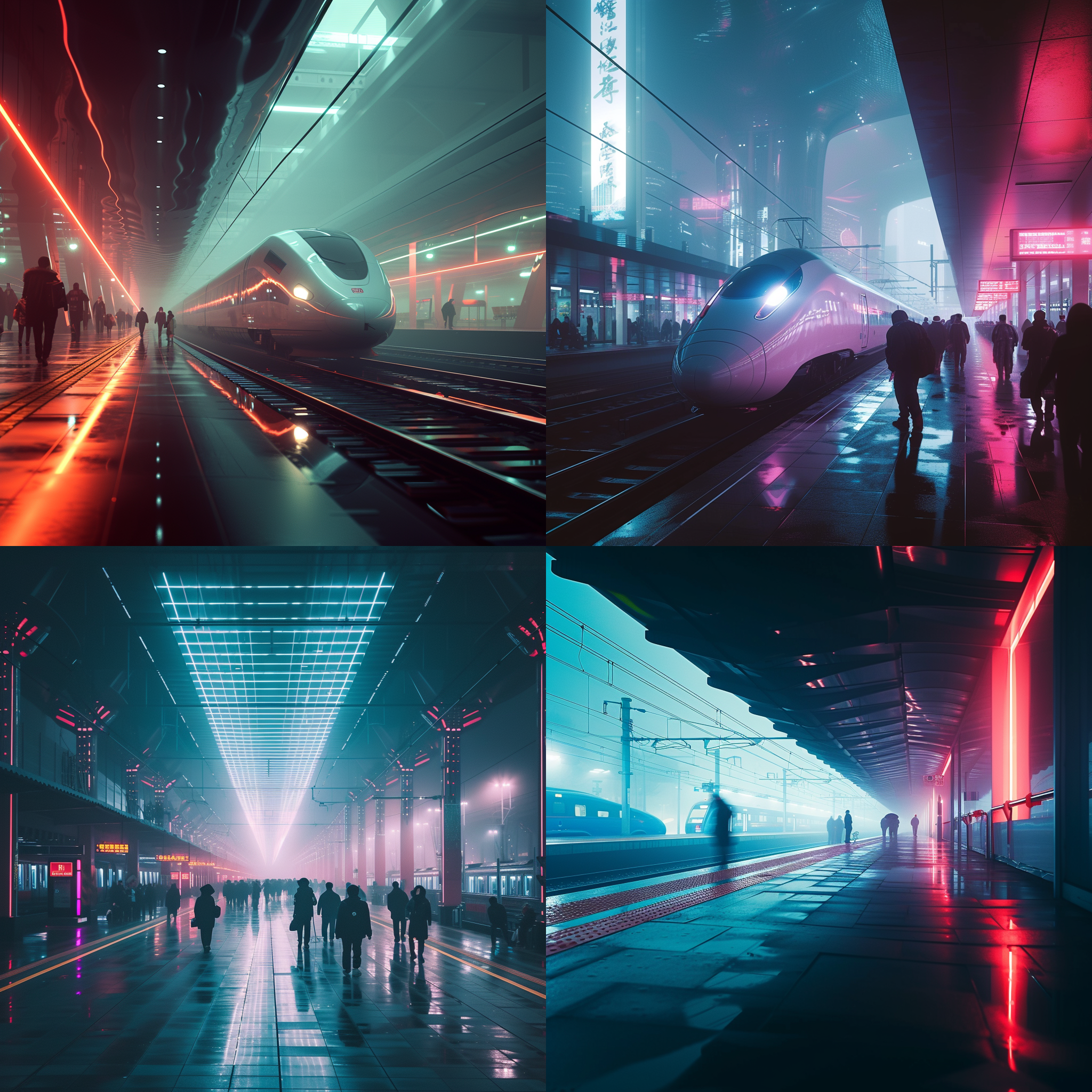 春运高铁站台，未来科幻世界，周围匆忙赶车的人。紧张氛围。雾气的高铁站，科幻风。超细节，电影光线，电影质感。紧凑构图，对比强烈，明暗分明，宽广镜头，动态捕捉，霓虹灯色彩，紧张与未来感并存。
