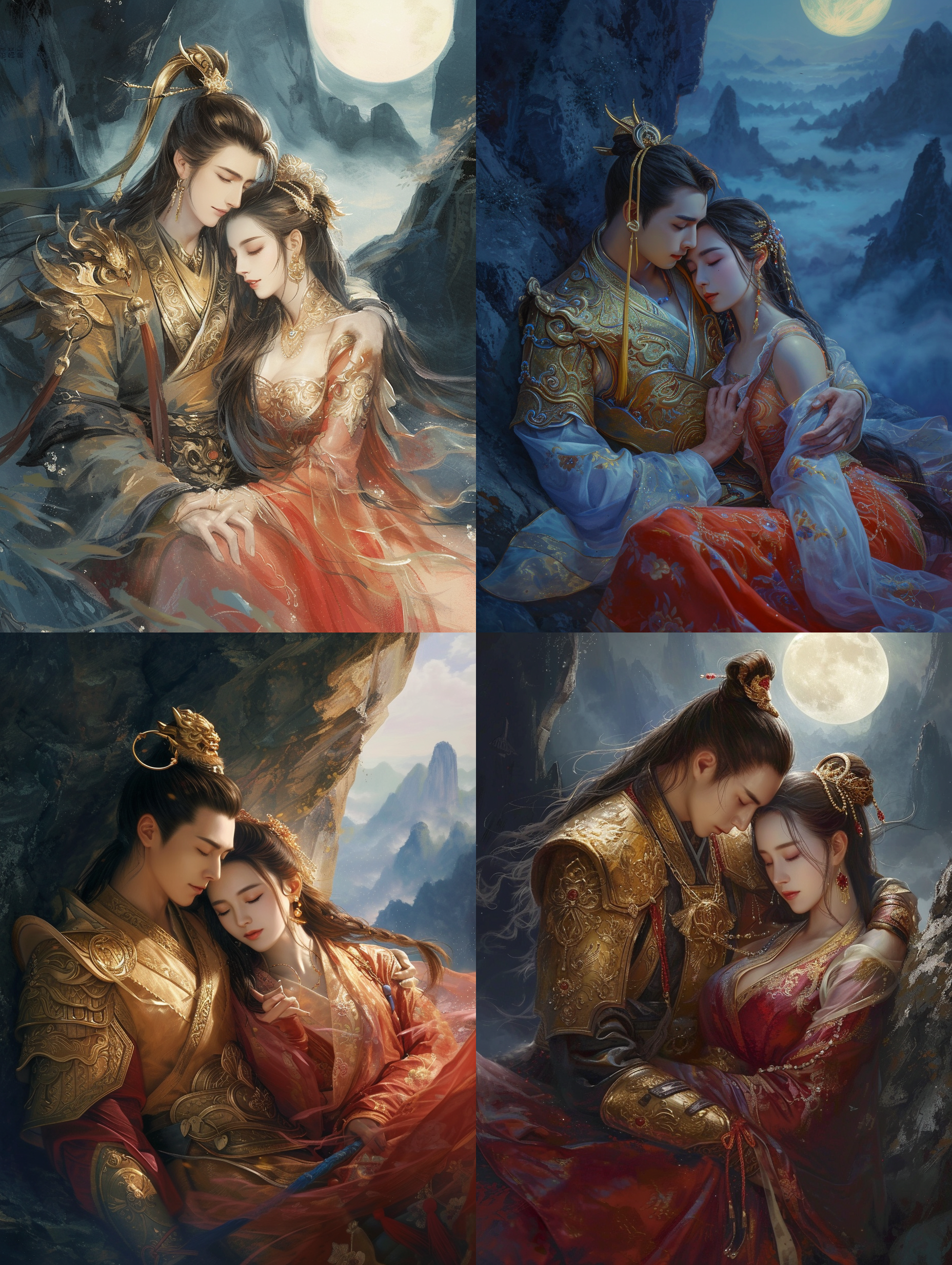 孙悟空和白骨精依偎在一起，月光下的山洞里，柔和的光线照亮了他们。孙悟空身穿金色锁子甲，头戴金箍圈，面带微笑；白骨精穿着华丽的红衣，面容妩媚。画面构图对称，背景是壮丽的山脉。细腻的绘画风格，明暗交错，给人以温暖与祥和的感觉。