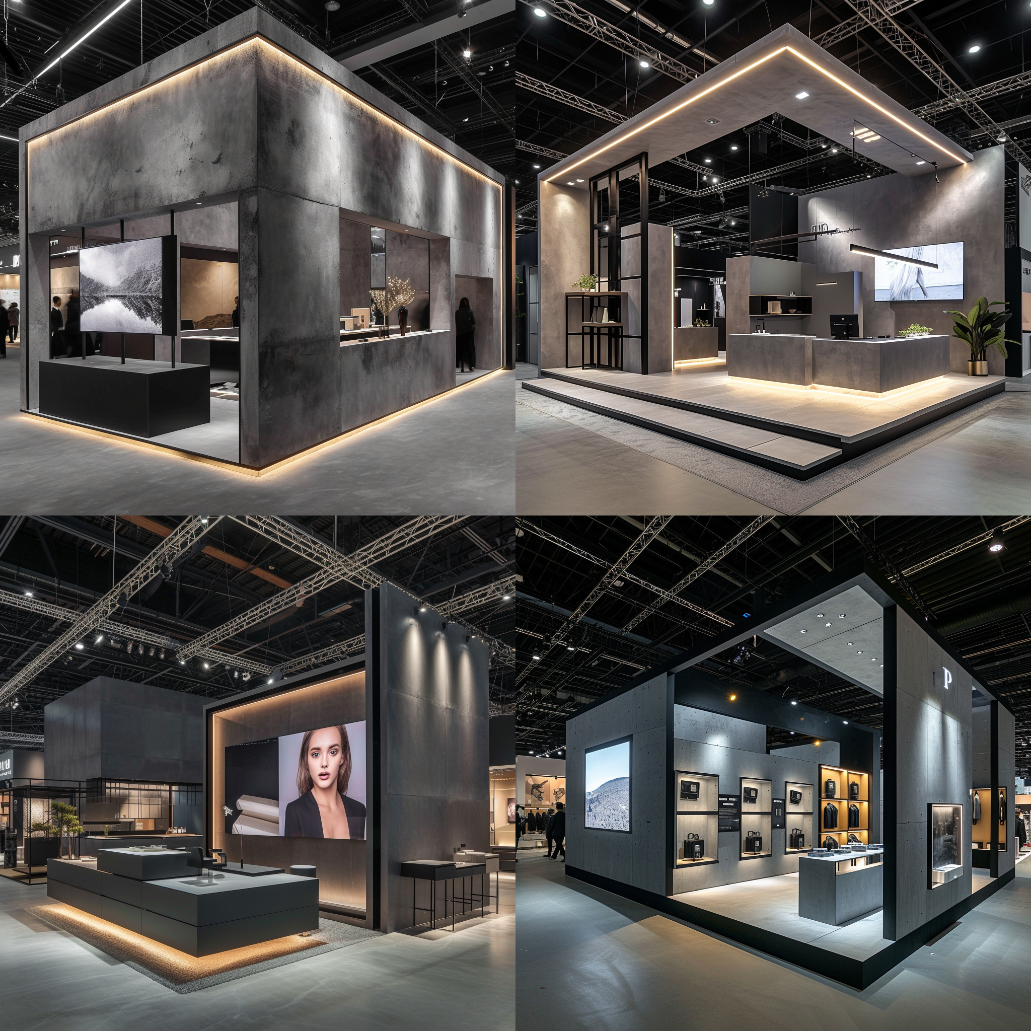 工业风展台设计，简约大气通透。展台采用混凝土和金属材质，整体色调以中性灰为主，配以暖色调的照明。展台布局简洁对称，呈现出现代感。背景墙上悬挂着巨大的led屏幕，展示着精美的产品画面。工作人员身穿黑色制服，专业而高效地与参观者交流。展台上摆放着实物展示，展示出产品的质感和功能。现场充满活力和创新感，给人留下深刻印象。