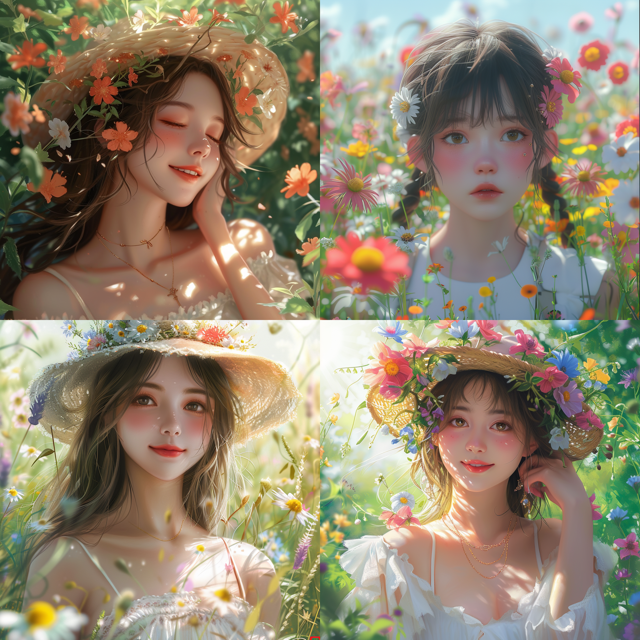 唯美百花园，可爱女孩，特写视图，高品质，超级细节，逼真渲染风格，自然光，花朵装饰，柔和色调，微笑，宁静，自然。