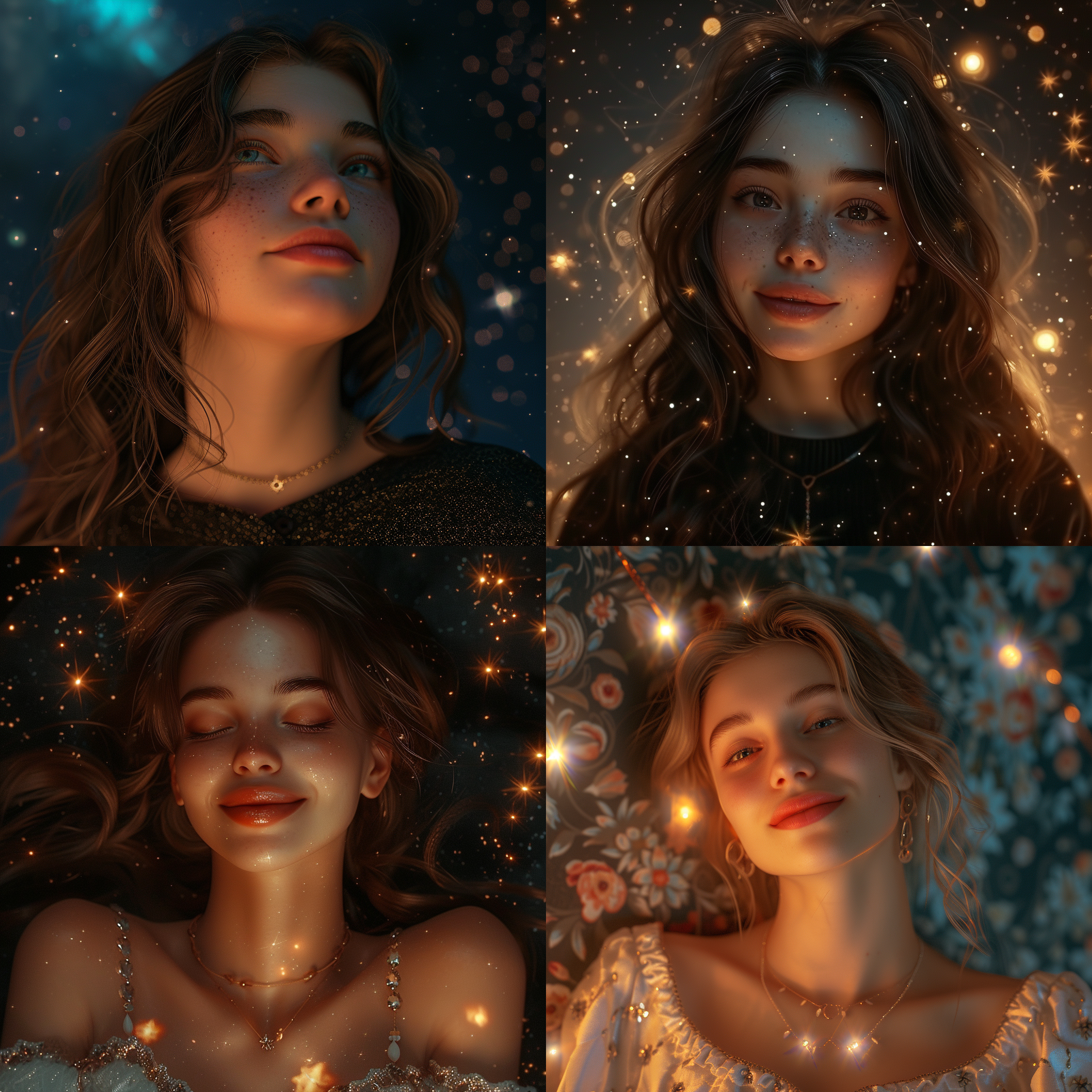 prompt.美女，星空背景，正视图，高品质，超级细节，高级渲染风格，微笑，唯美风格，摄影角度