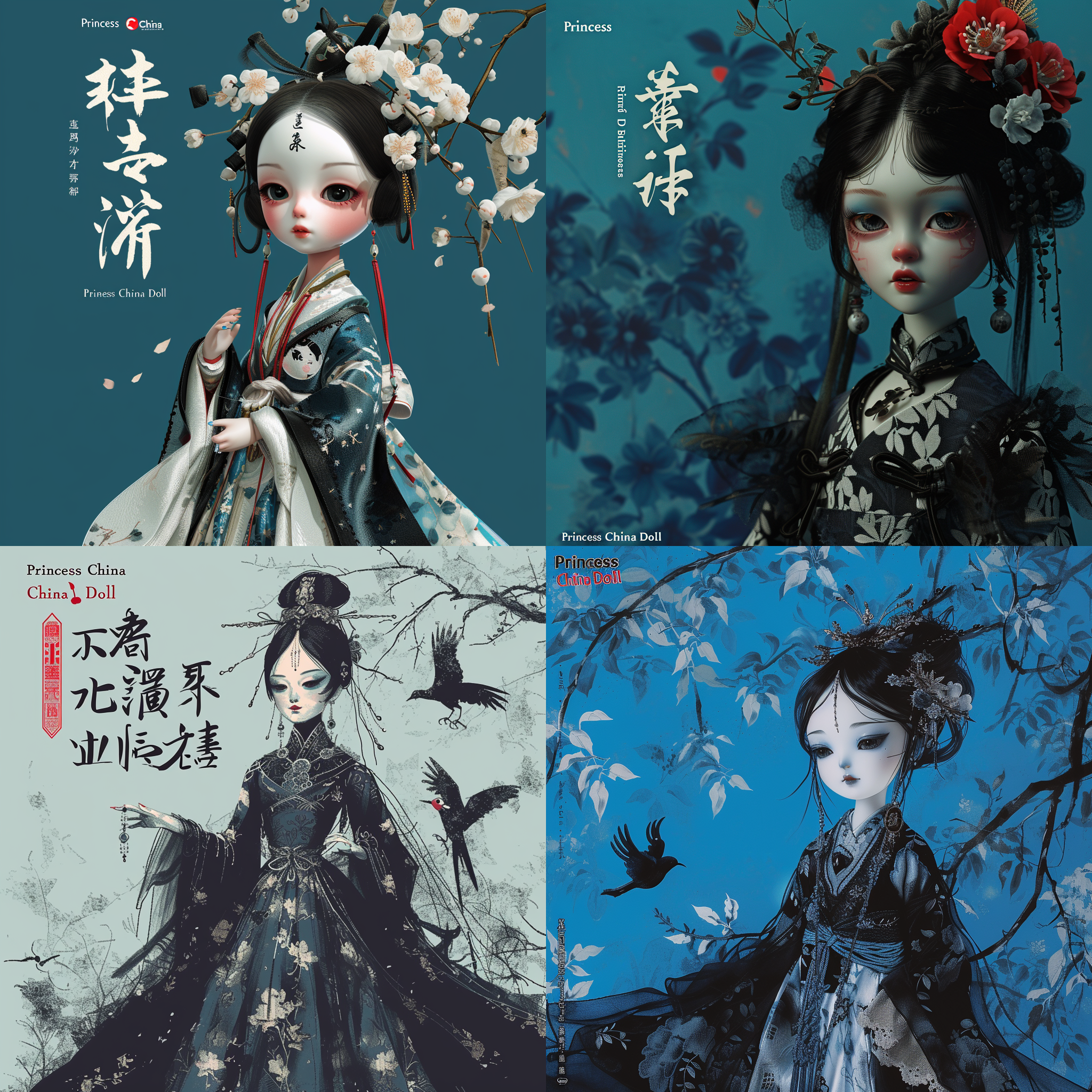 娃娃穿着黑白装束，蓝色背景上写着“公主中国娃娃”的中文字样。人物肖像，镂空艺术风格，人物设计，艾轩。