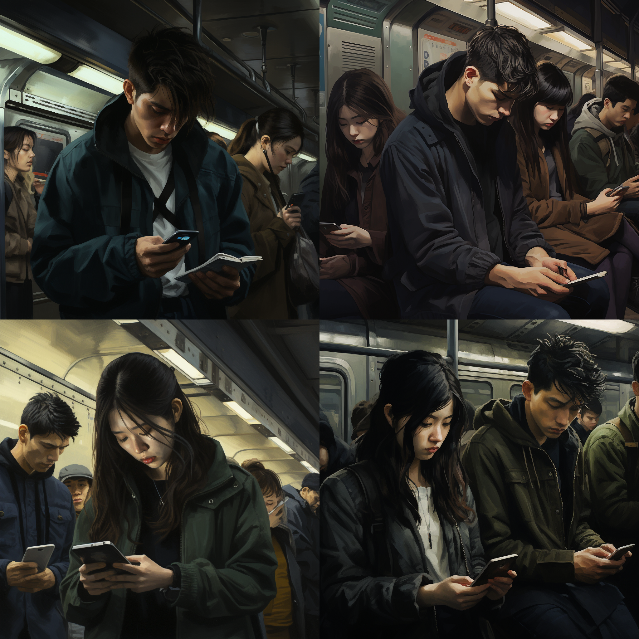 地铁内，众人低头看手机，俯拍角度，写实插画风格，视觉艺术，拥挤环境，广角镜头，冷色调，柔光，静态，反思，孤独。