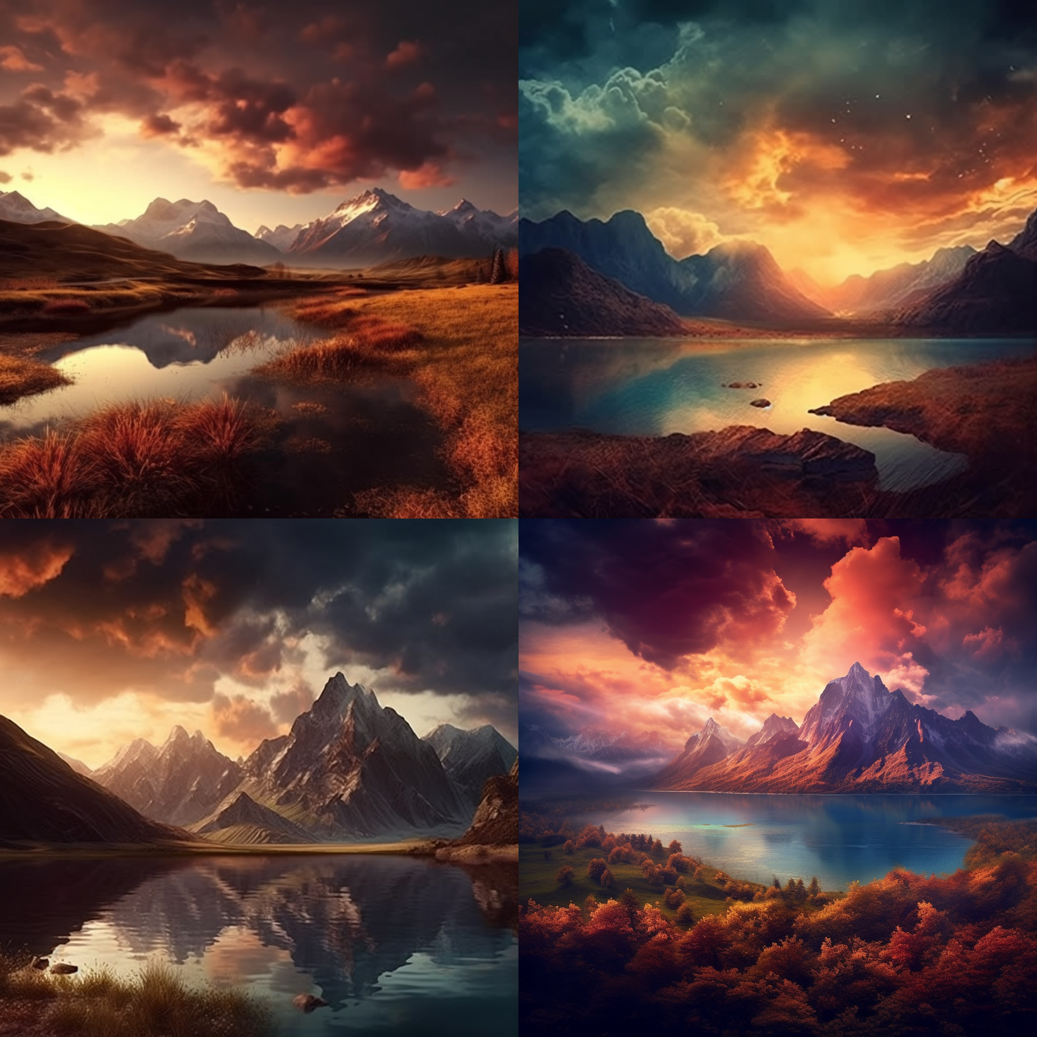 high resolution,hyper quality,16:9, detailed landscape with a lake and mountain in the background, dramatic sky, warm colors,