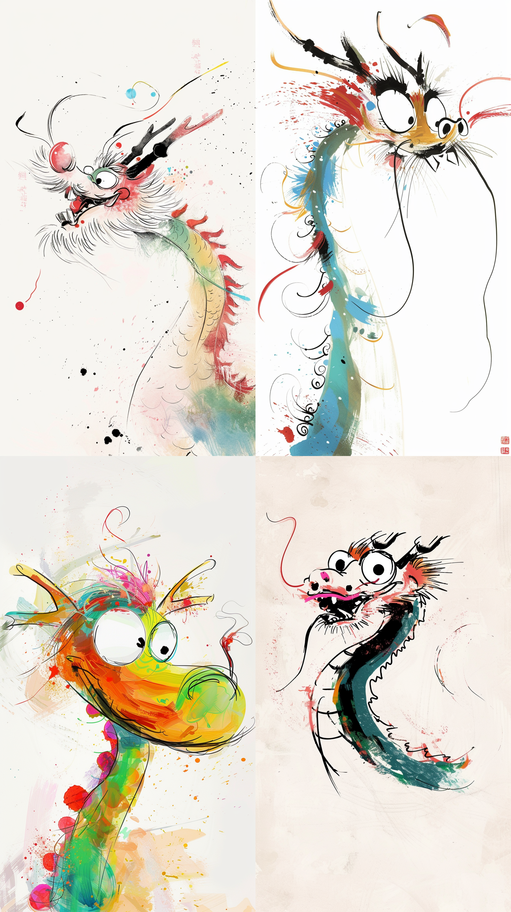 吴冠中绘制的，中国龙动画，非常可爱的龙，卡通，有趣又愚蠢，前视图，五颜六色，特写头，水墨意境，抽象简单的线条，极简注意，毕加索，高级配色，白色背景，18k，插画风格